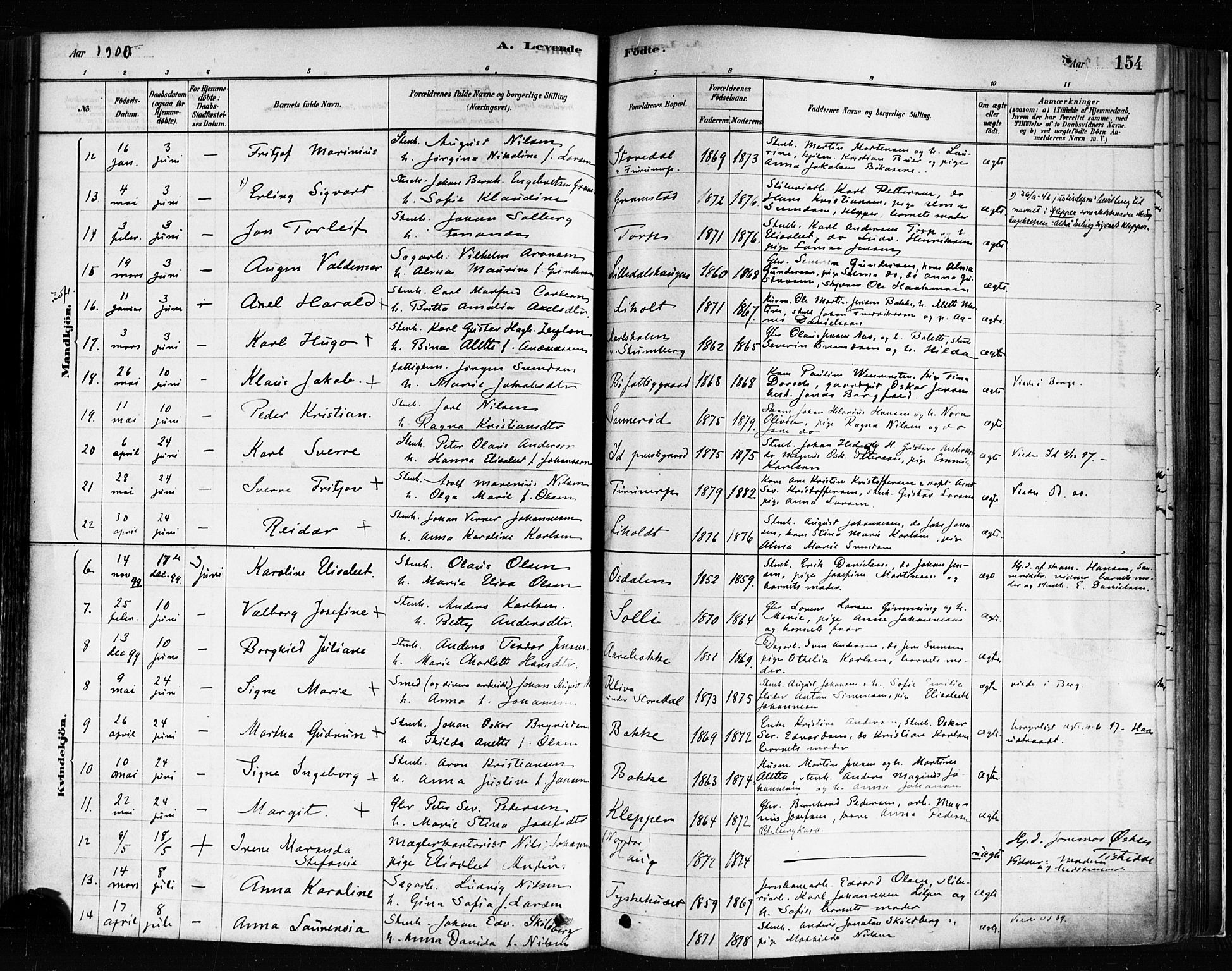 Idd prestekontor Kirkebøker, AV/SAO-A-10911/F/Fc/L0006a: Parish register (official) no. III 6A, 1878-1903, p. 154