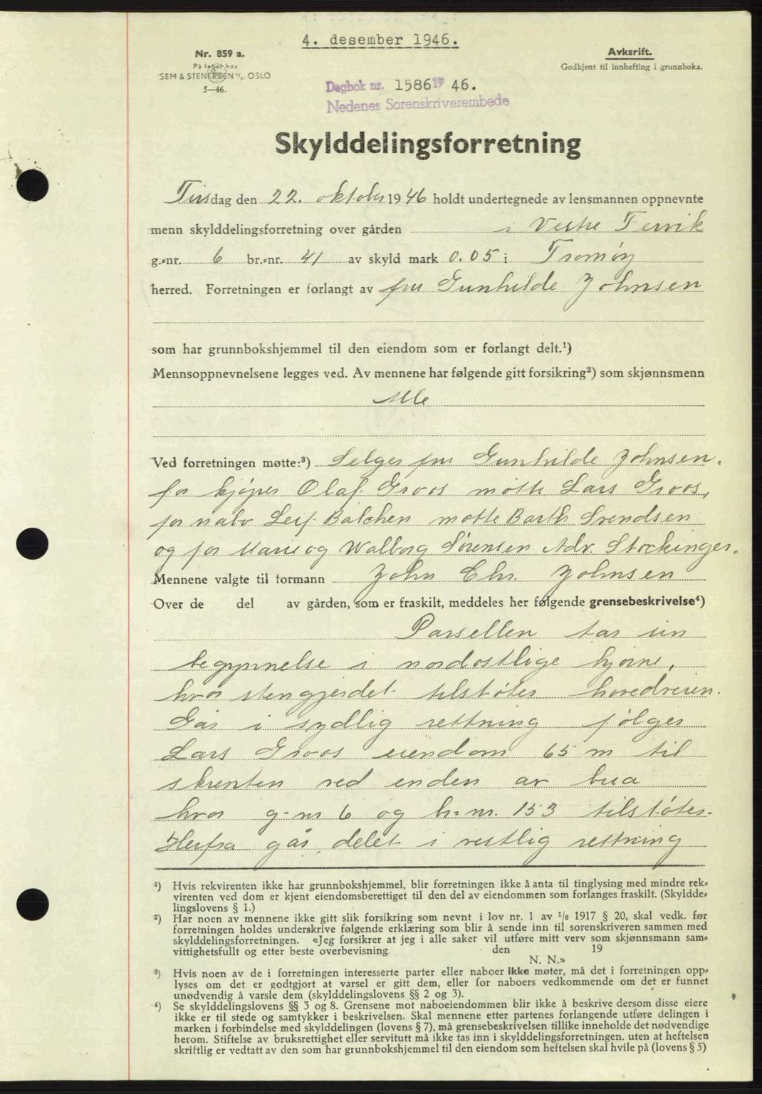 Nedenes sorenskriveri, AV/SAK-1221-0006/G/Gb/Gba/L0056: Mortgage book no. A8, 1946-1947, Diary no: : 1586/1946