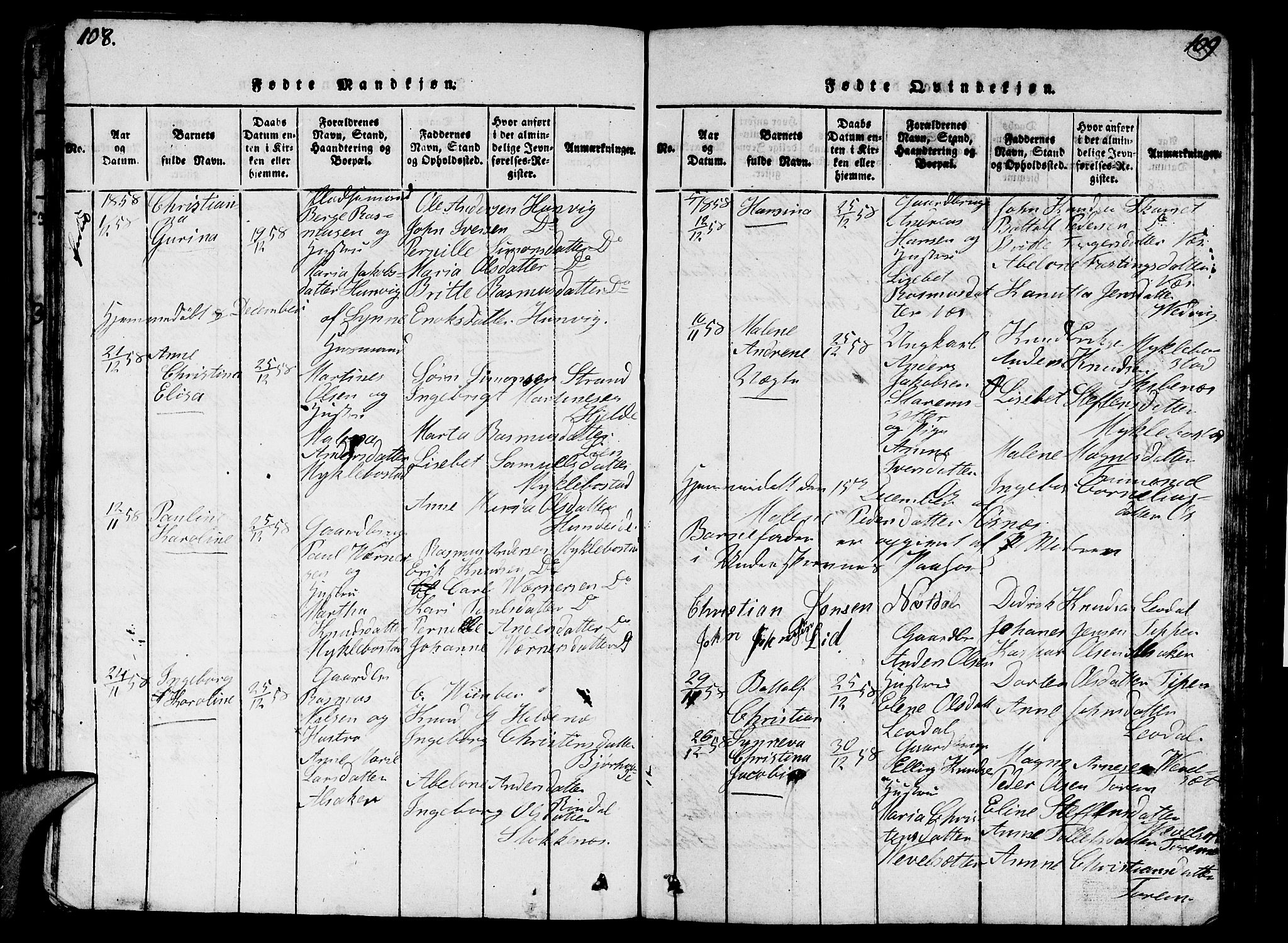 Eid sokneprestembete, AV/SAB-A-82301/H/Hab/Haba/L0001: Parish register (copy) no. A 1, 1816-1862, p. 108-109