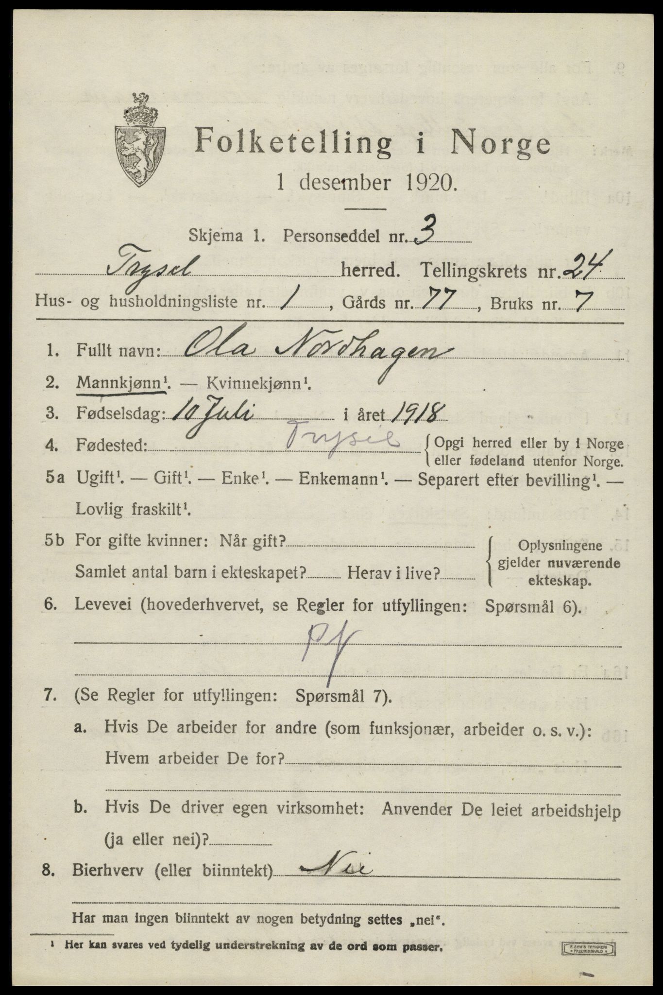 SAH, 1920 census for Trysil, 1920, p. 15219