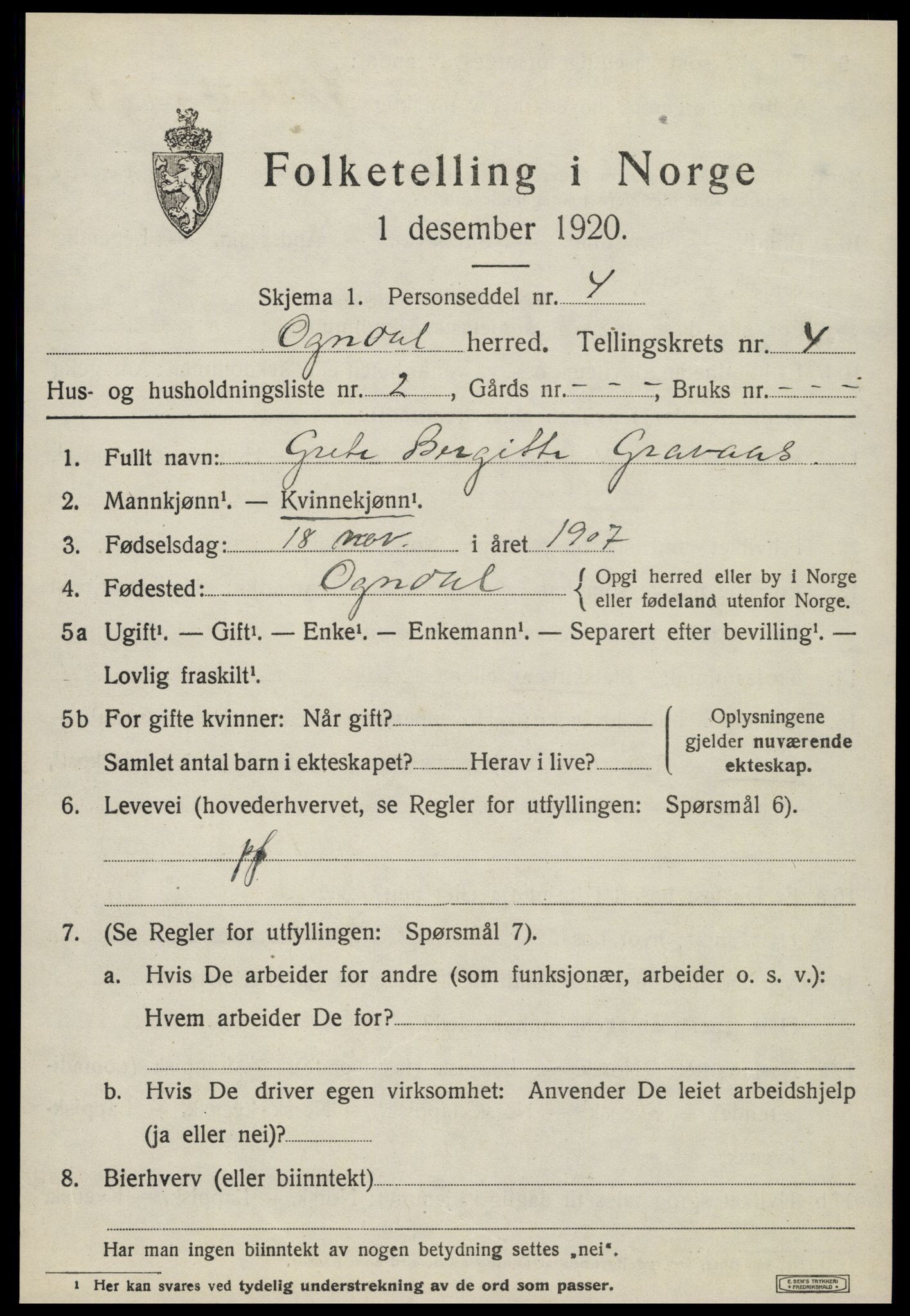 SAT, 1920 census for Ogndal, 1920, p. 1383