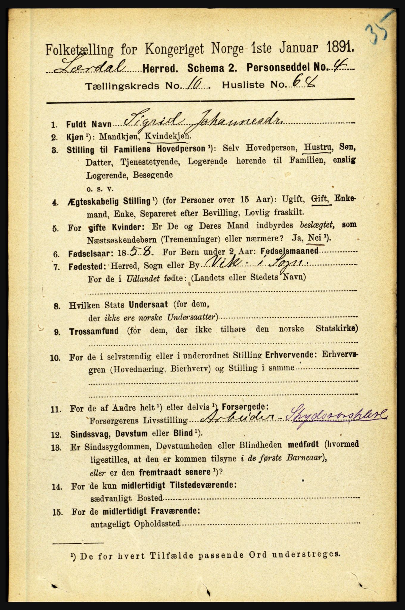 RA, 1891 census for 1422 Lærdal, 1891, p. 2089