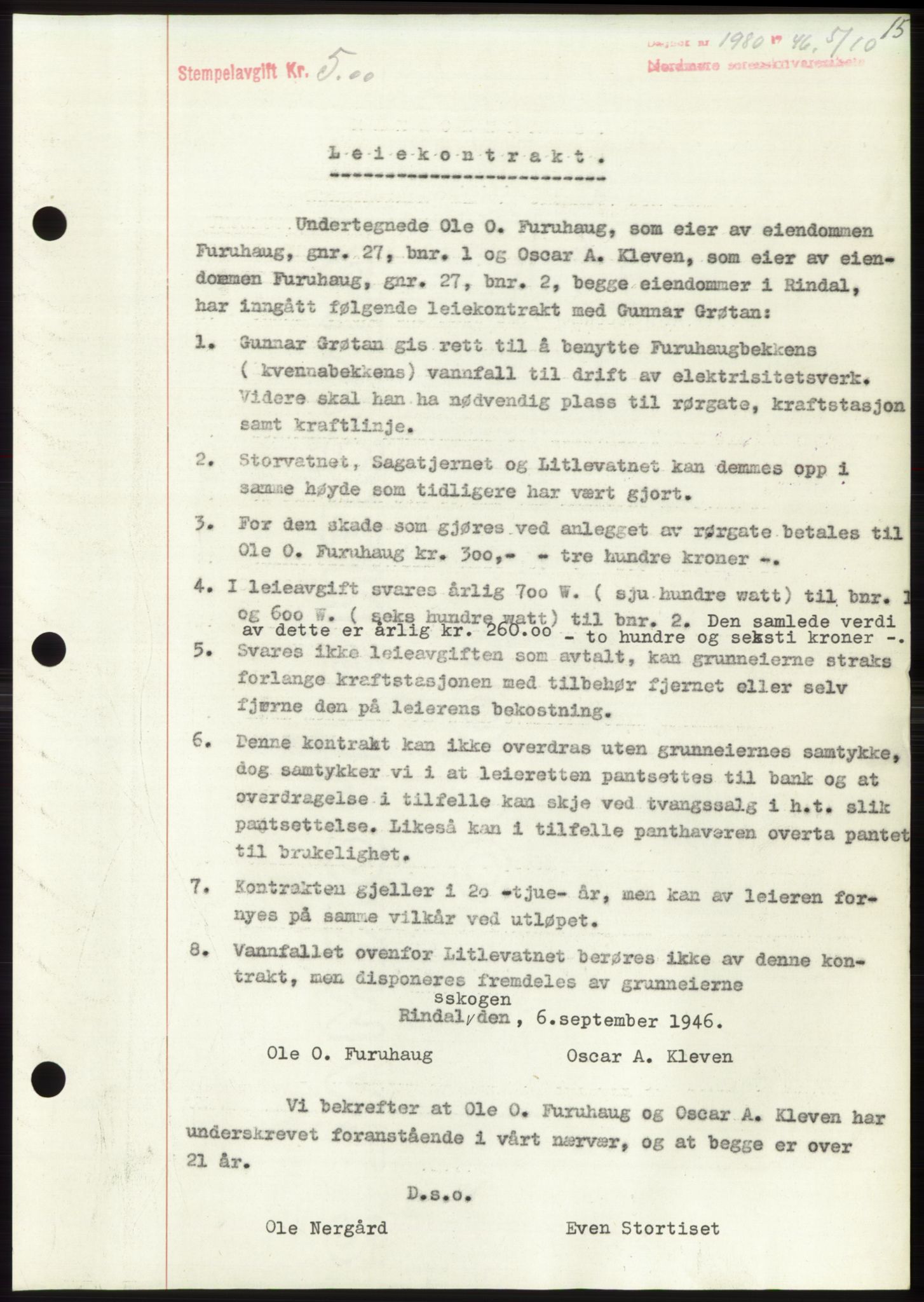 Nordmøre sorenskriveri, AV/SAT-A-4132/1/2/2Ca: Mortgage book no. B95, 1946-1947, Diary no: : 1980/1946