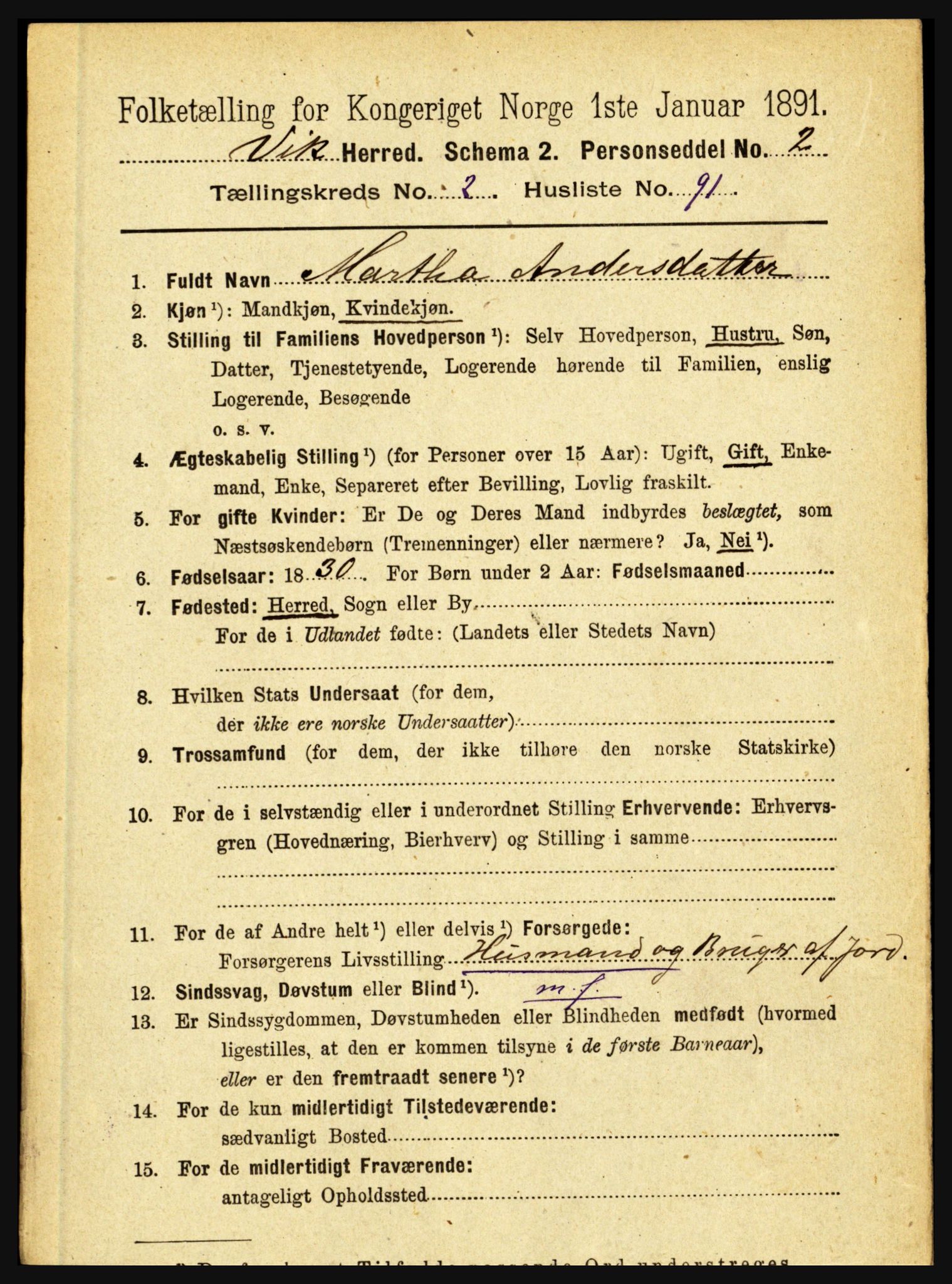 RA, 1891 census for 1417 Vik, 1891, p. 1250