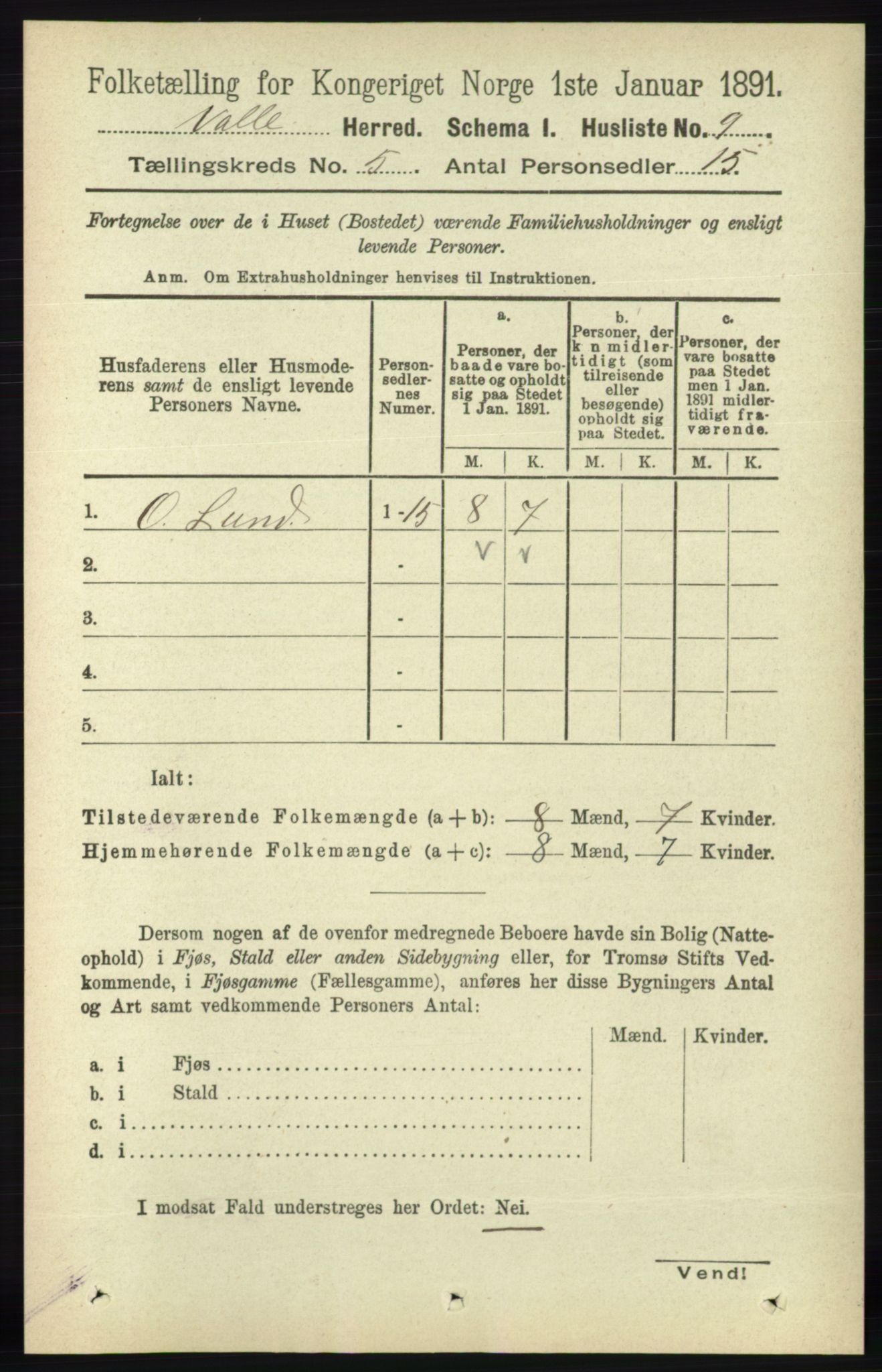 RA, 1891 census for 0940 Valle, 1891, p. 1291