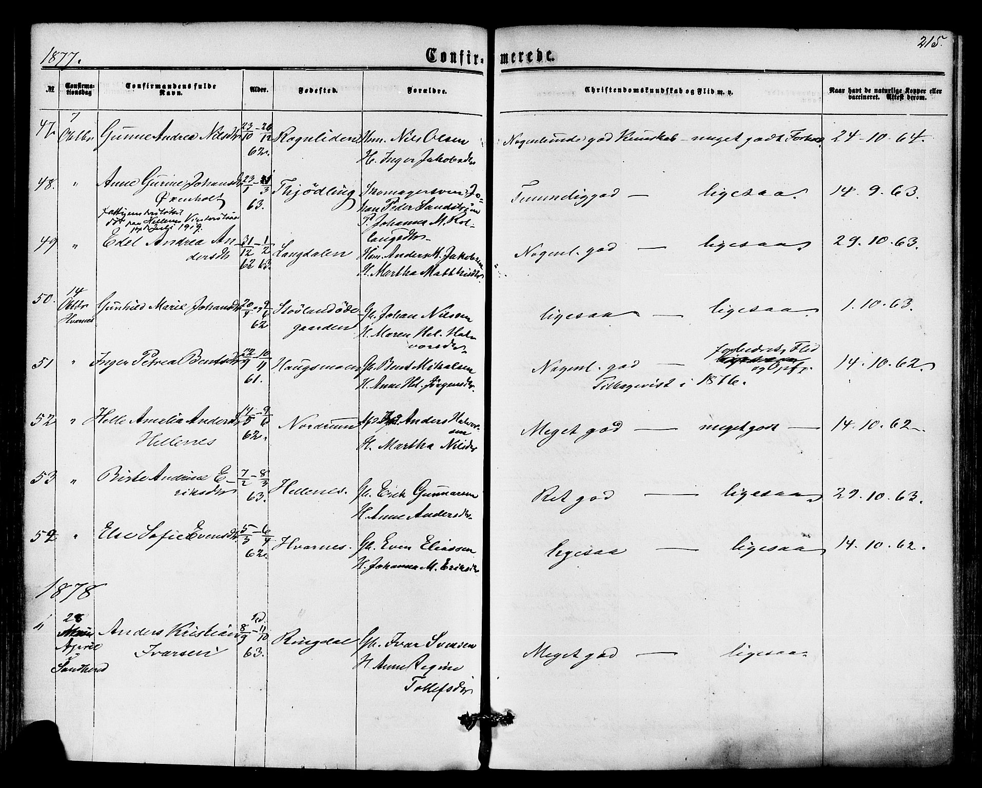 Hedrum kirkebøker, SAKO/A-344/F/Fa/L0008: Parish register (official) no. I 8, 1869-1880, p. 215