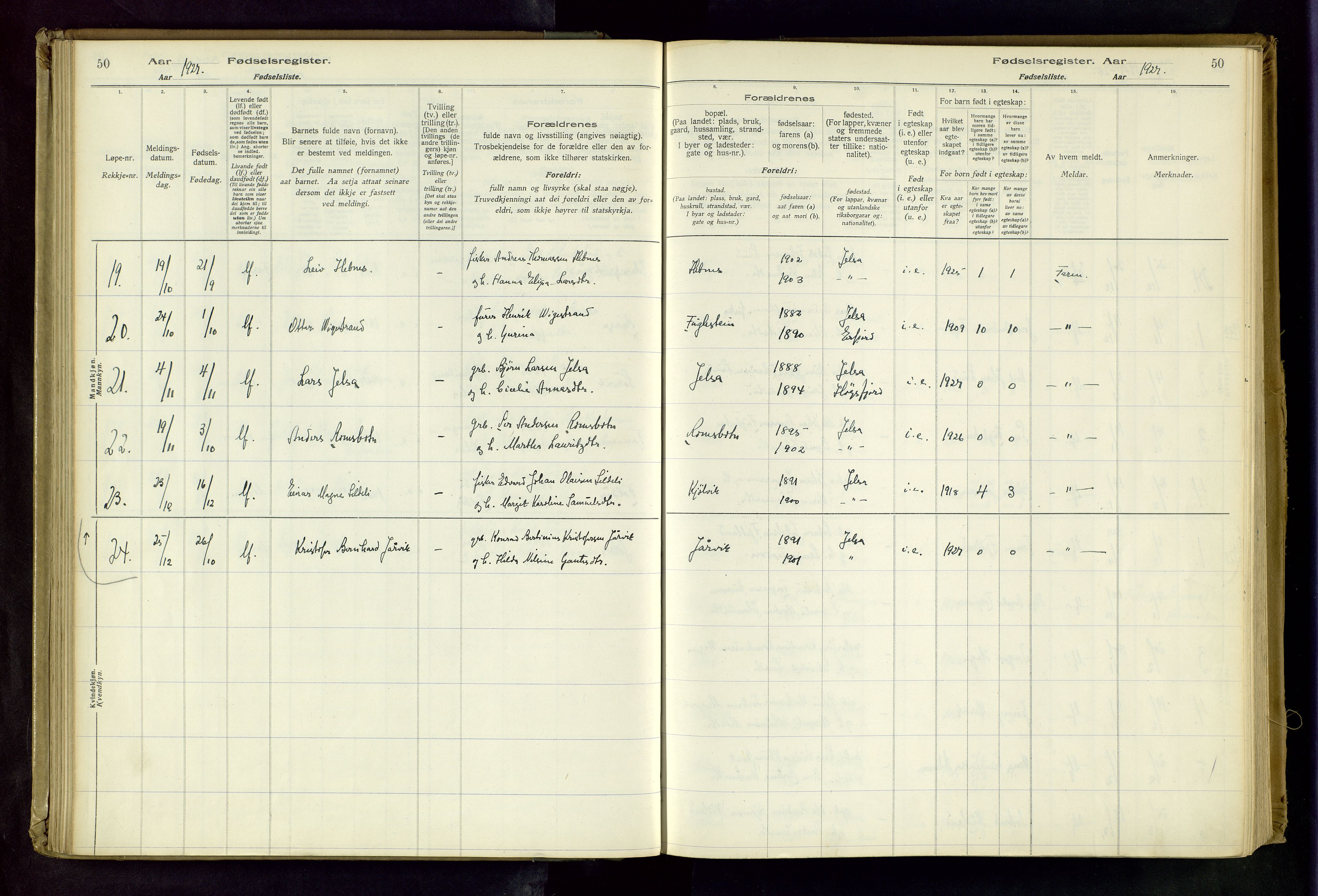 Jelsa sokneprestkontor, AV/SAST-A-101842/02/I: Birth register no. 13, 1916-1982, p. 50