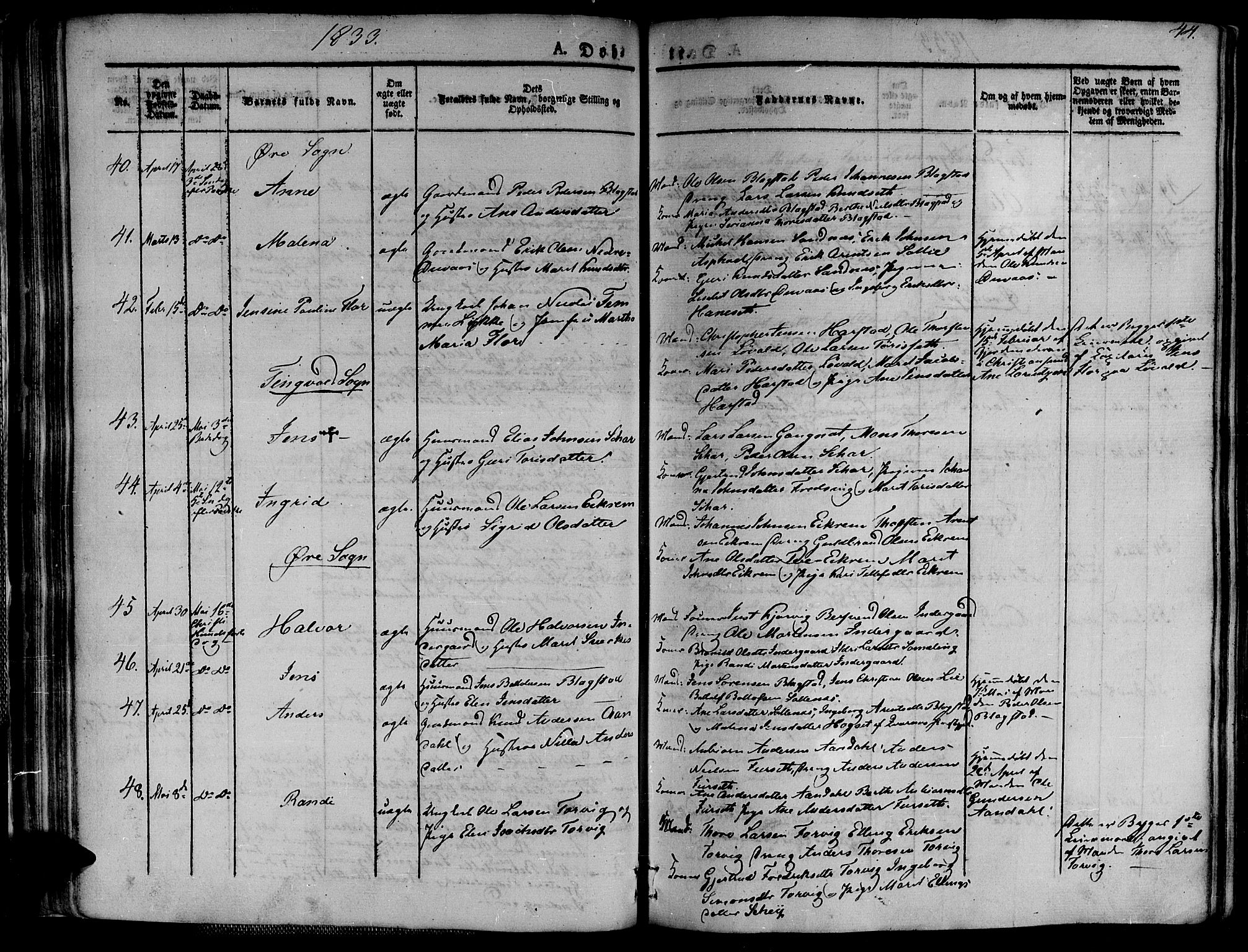 Ministerialprotokoller, klokkerbøker og fødselsregistre - Møre og Romsdal, AV/SAT-A-1454/586/L0983: Parish register (official) no. 586A09, 1829-1843, p. 44