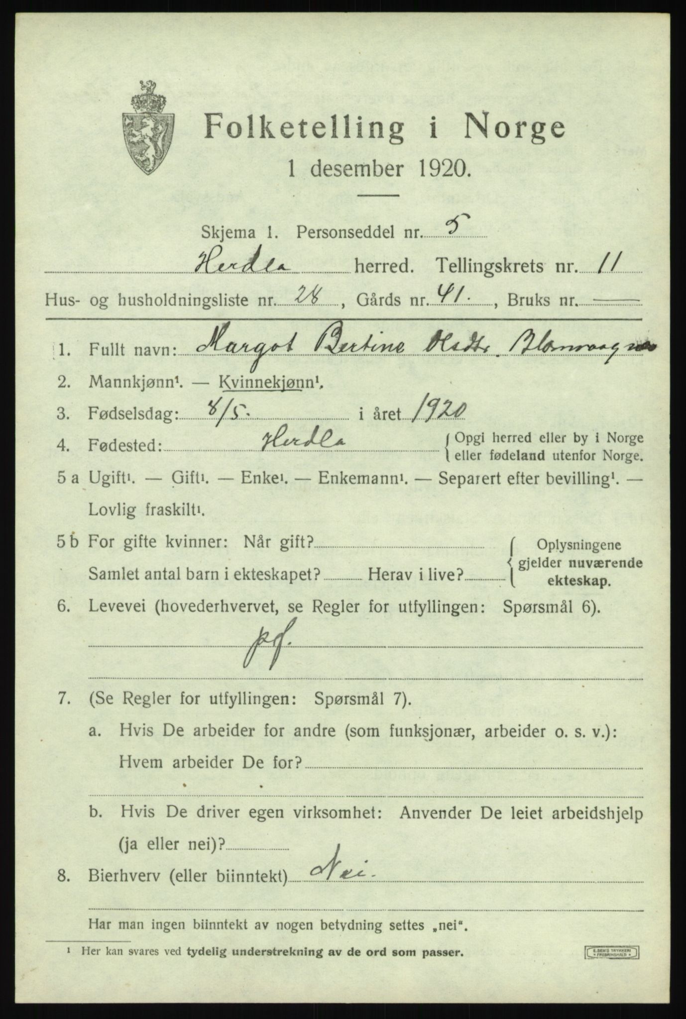 SAB, 1920 census for Herdla, 1920, p. 7901