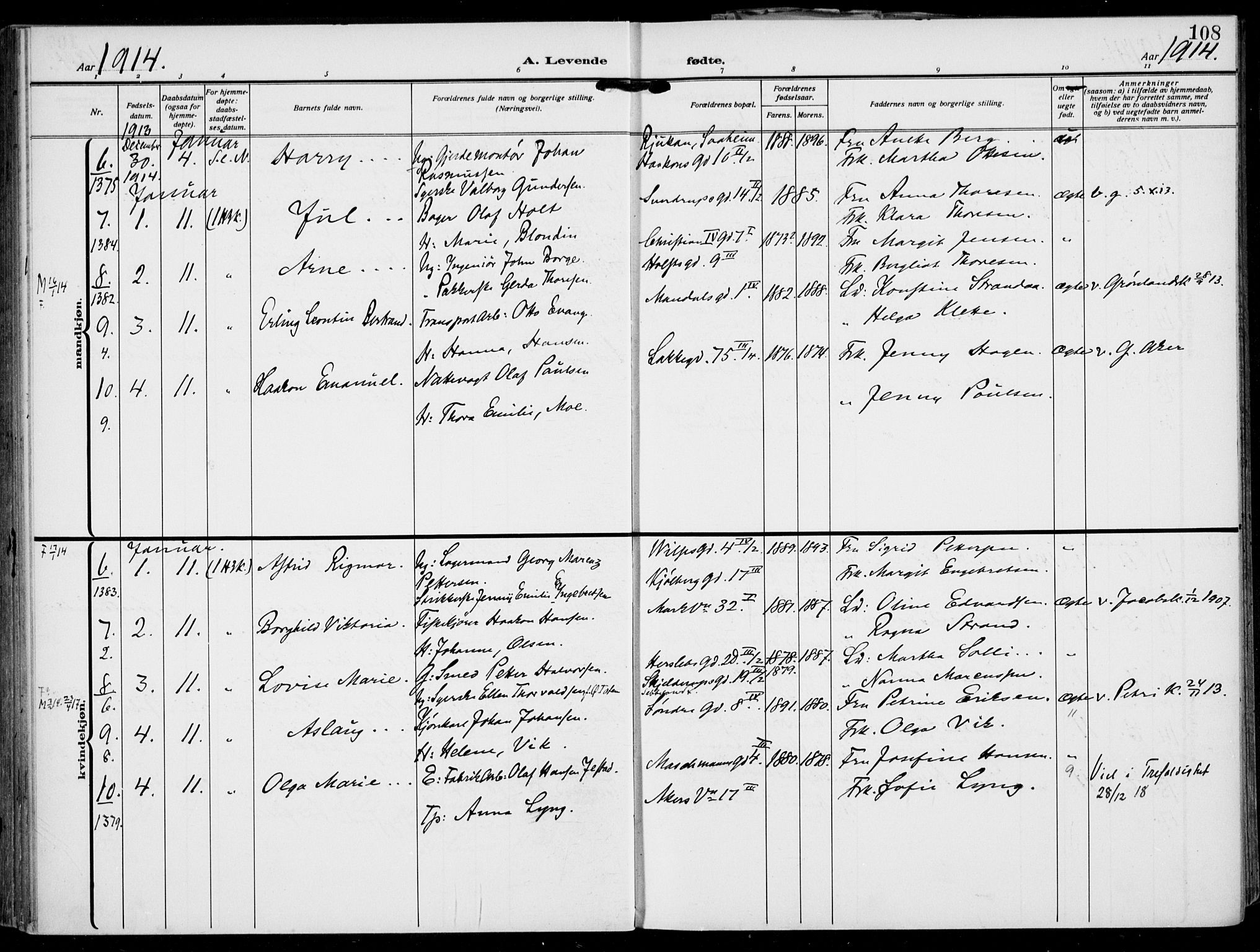 Rikshospitalet prestekontor Kirkebøker, SAO/A-10309b/F/L0015: Parish register (official) no. 15, 1913-1915, p. 108
