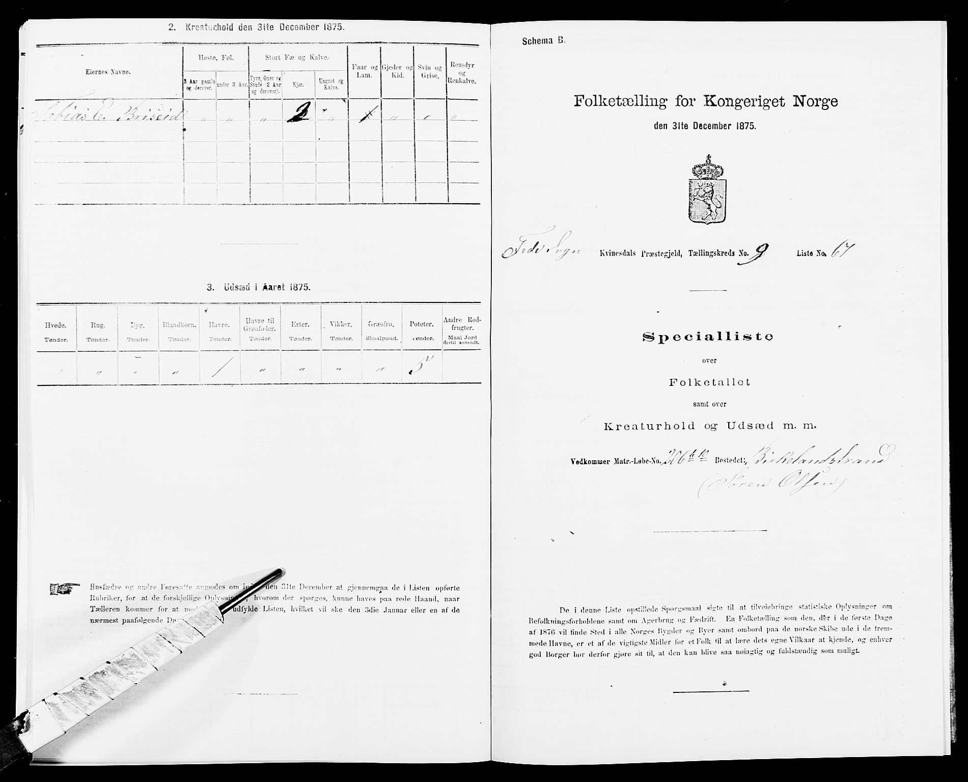 SAK, 1875 census for 1037P Kvinesdal, 1875, p. 1459