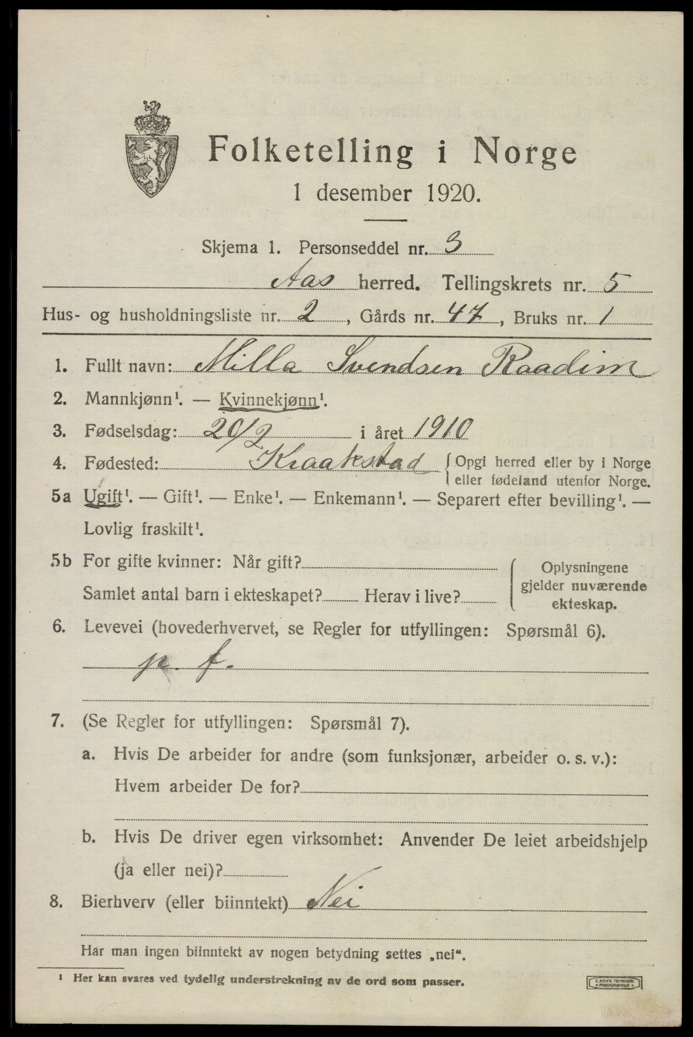 SAO, 1920 census for Ås, 1920, p. 5848