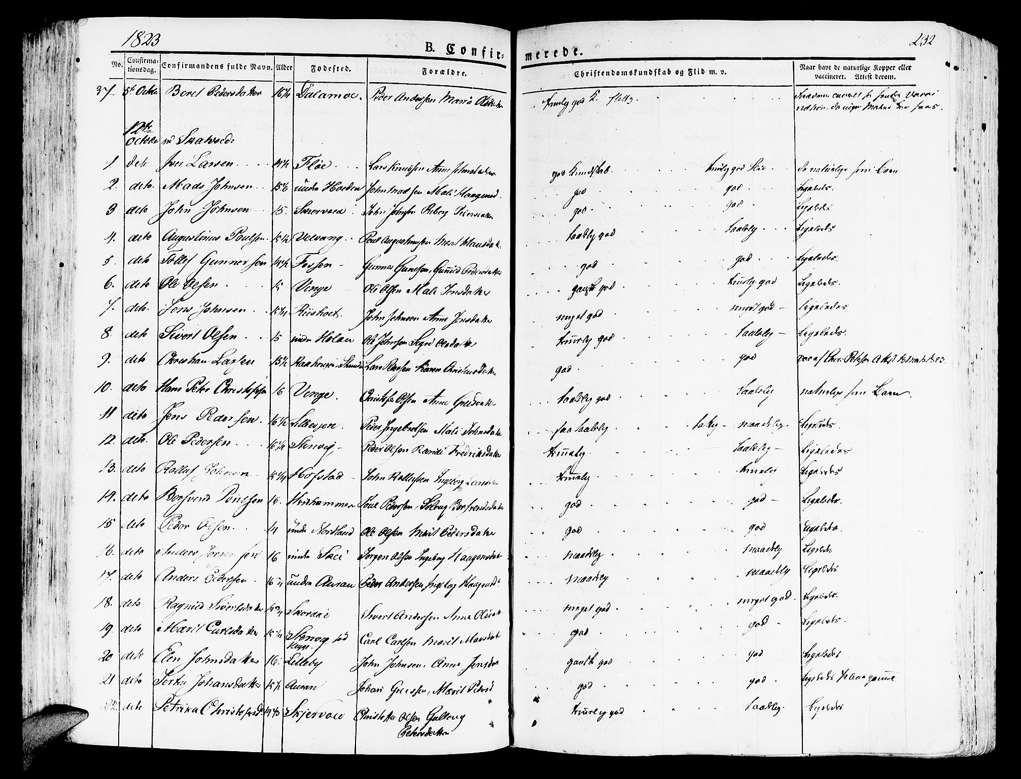 Ministerialprotokoller, klokkerbøker og fødselsregistre - Nord-Trøndelag, SAT/A-1458/709/L0070: Parish register (official) no. 709A10, 1820-1832, p. 232