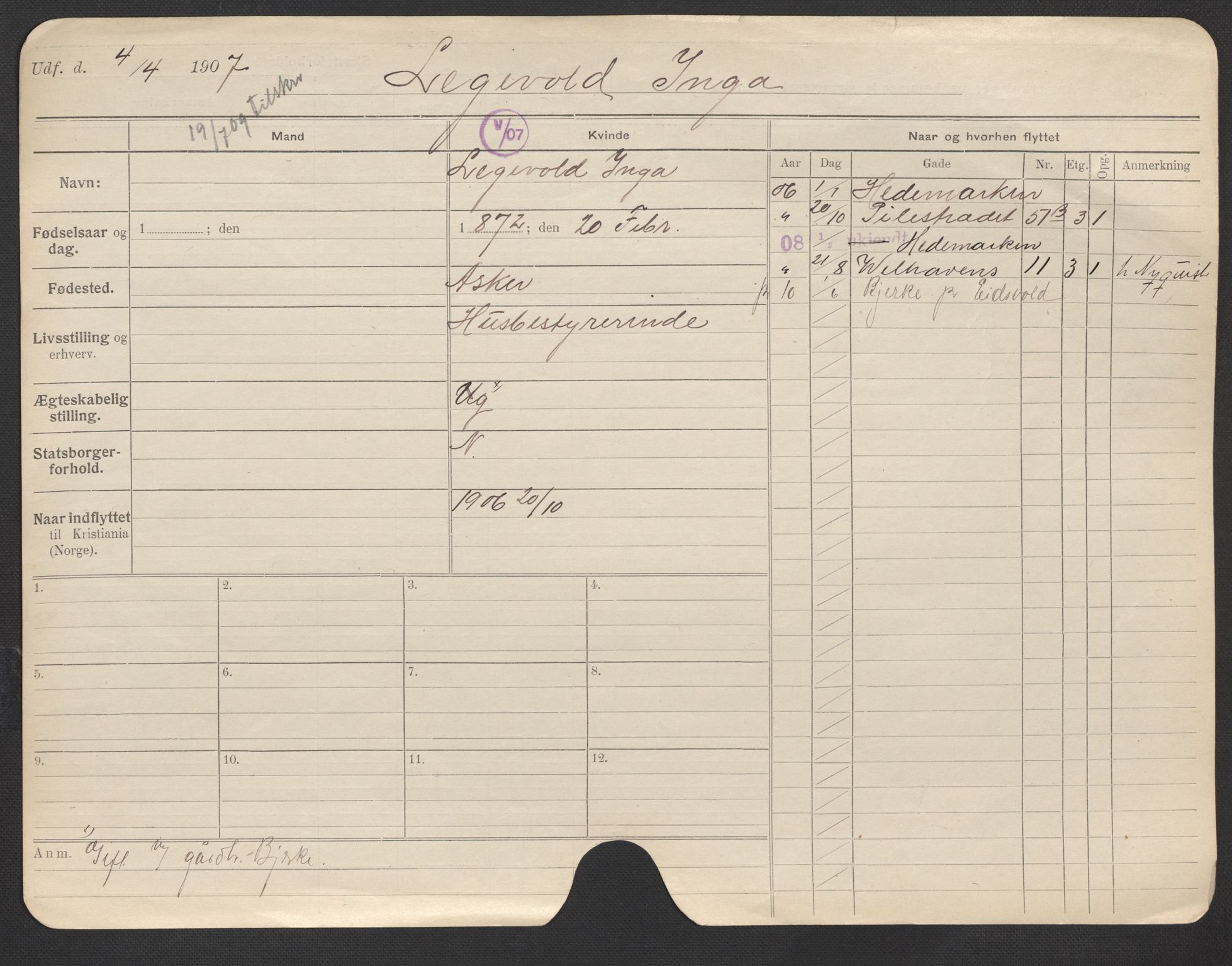 Oslo folkeregister, Registerkort, AV/SAO-A-11715/F/Fa/Fac/L0020: Kvinner, 1906-1914, p. 5a