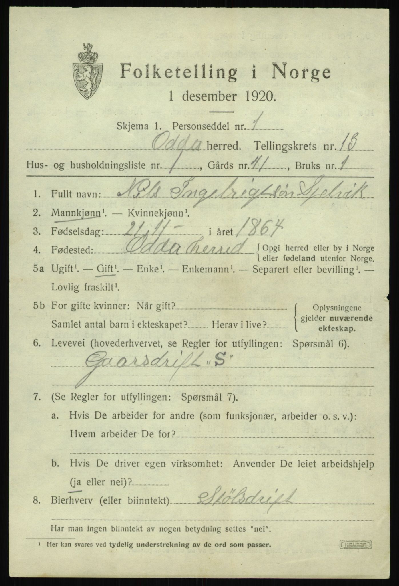 SAB, 1920 census for Odda, 1920, p. 11847