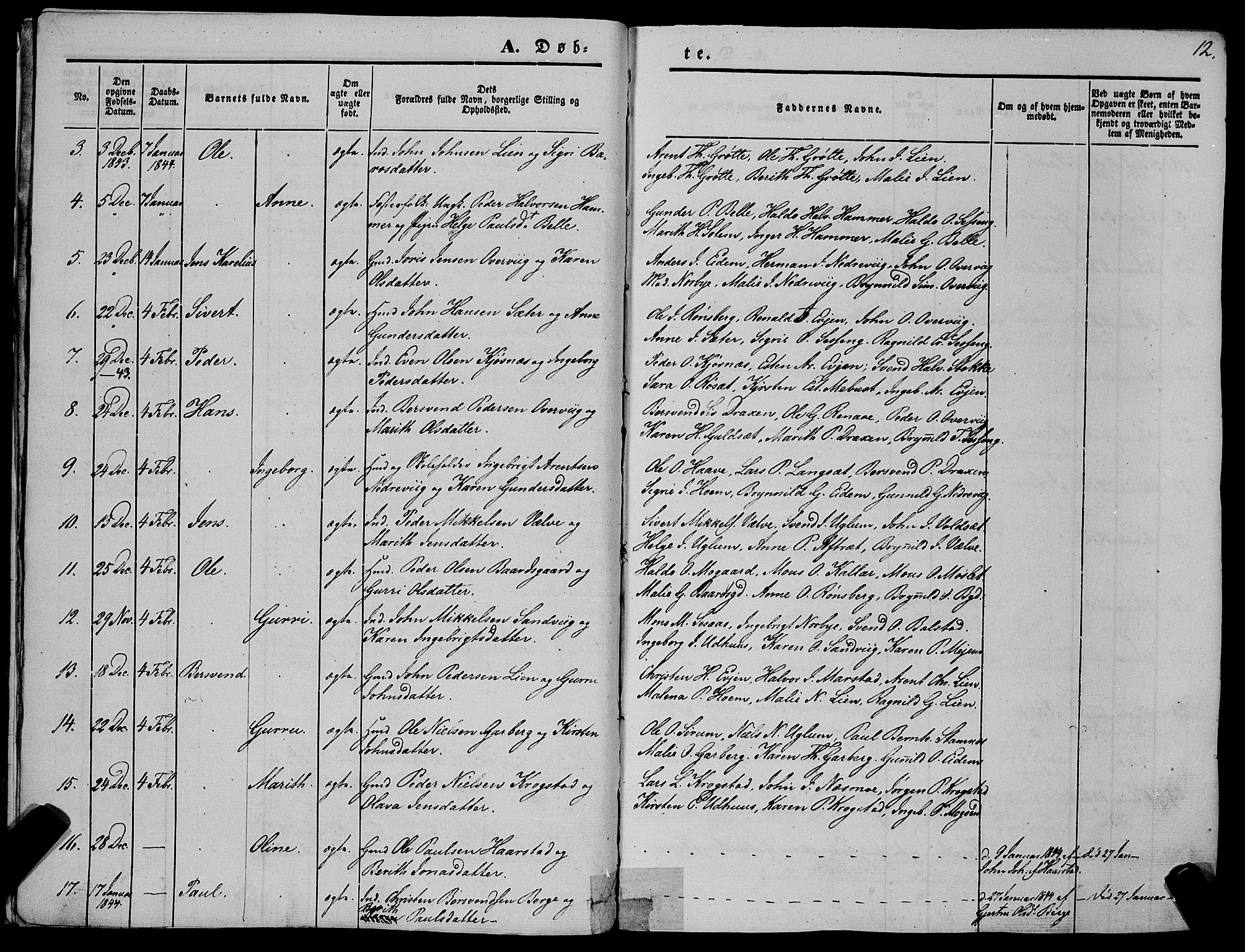 Ministerialprotokoller, klokkerbøker og fødselsregistre - Sør-Trøndelag, SAT/A-1456/695/L1145: Parish register (official) no. 695A06 /1, 1843-1859, p. 12