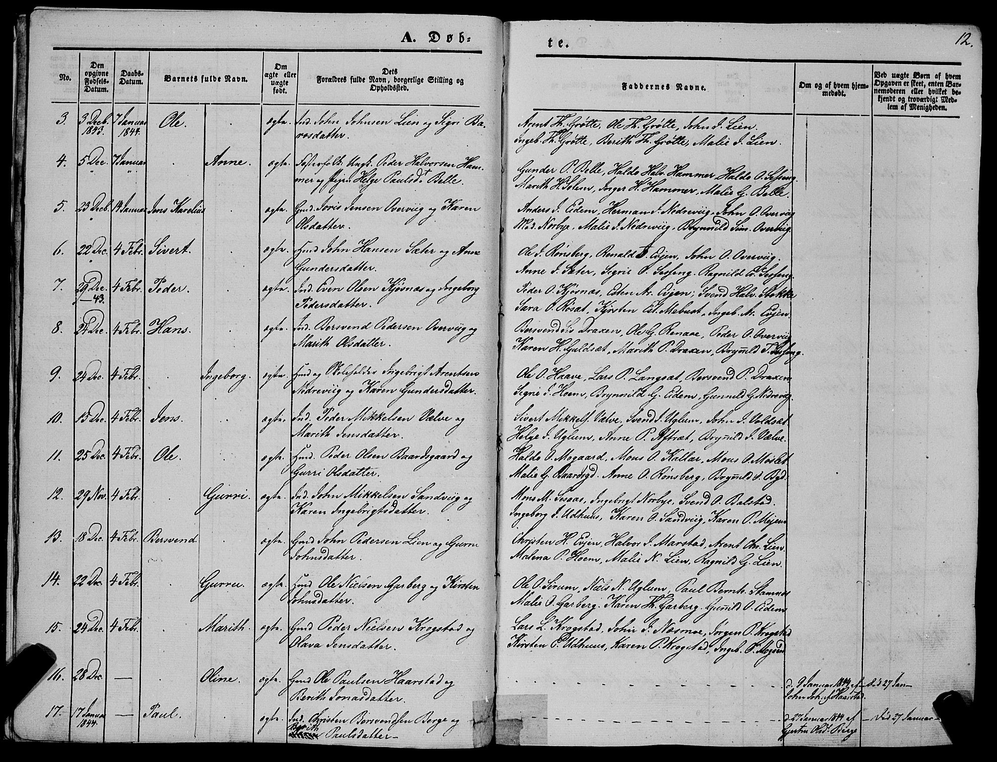 Ministerialprotokoller, klokkerbøker og fødselsregistre - Sør-Trøndelag, AV/SAT-A-1456/695/L1145: Parish register (official) no. 695A06 /1, 1843-1859, p. 12