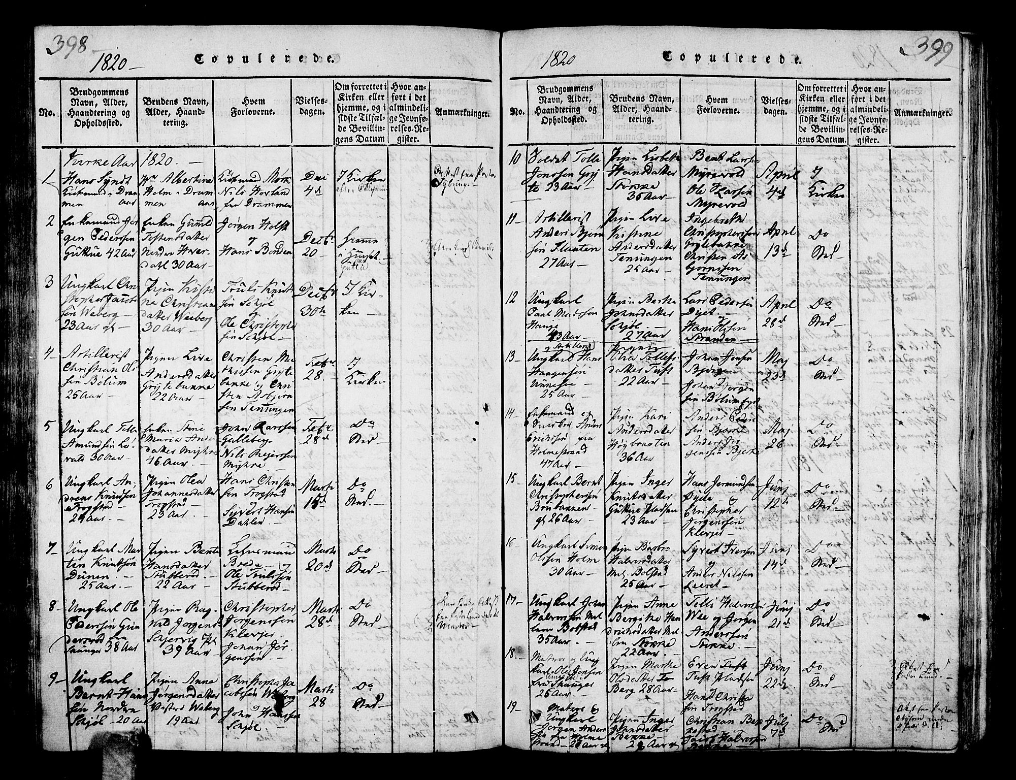 Sande Kirkebøker, SAKO/A-53/G/Ga/L0001: Parish register (copy) no. 1, 1814-1847, p. 398-399