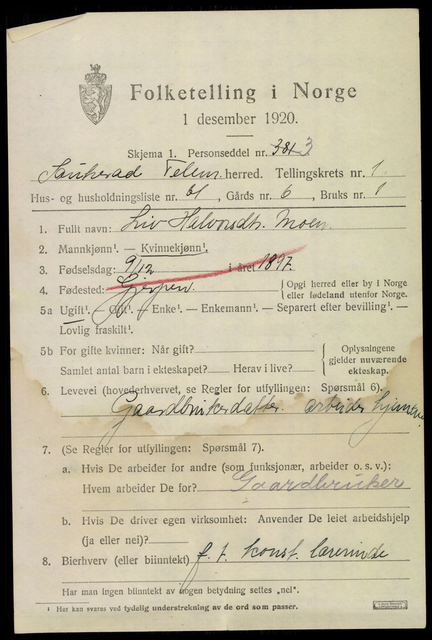 SAKO, 1920 census for Sauherad, 1920, p. 2287