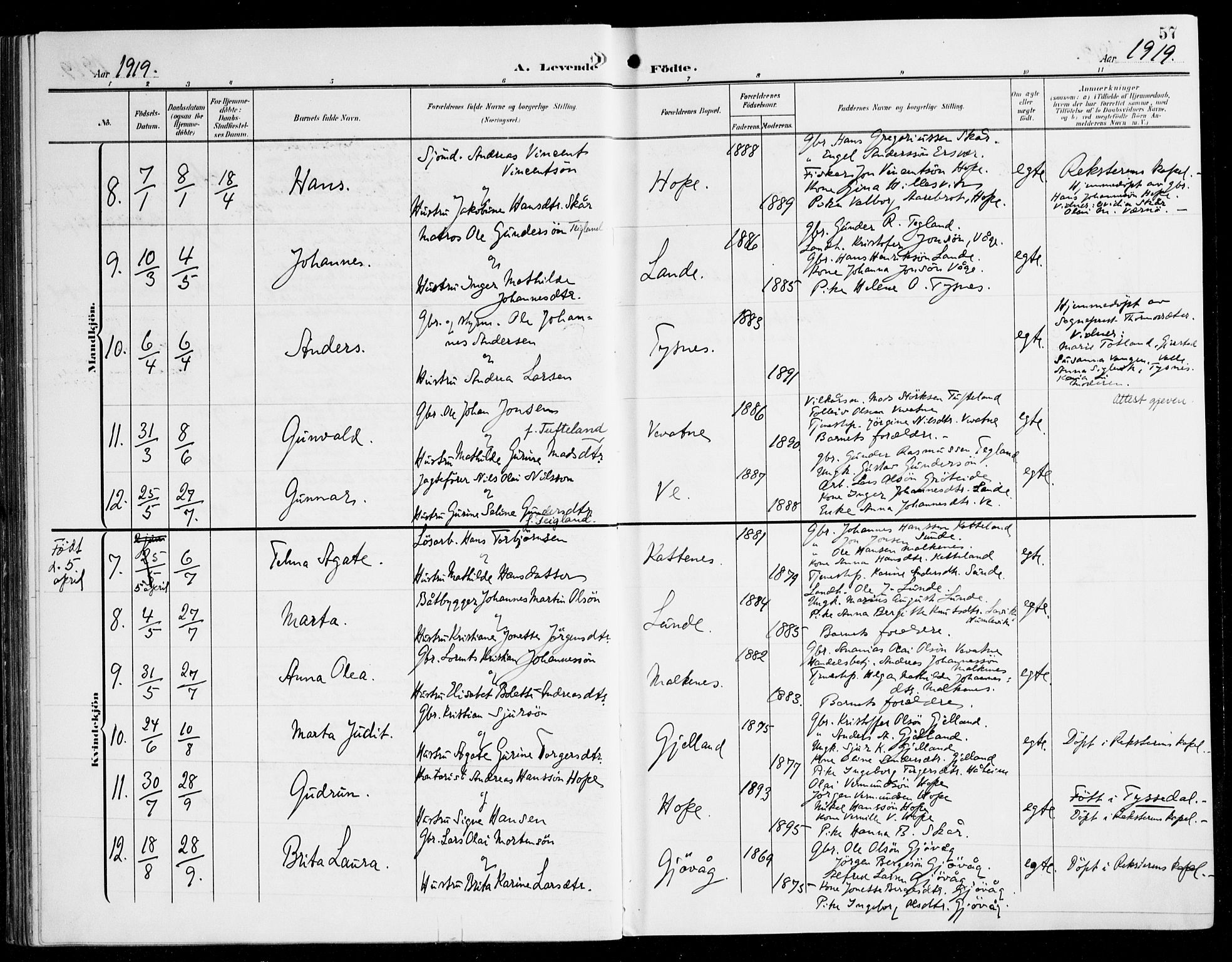 Tysnes sokneprestembete, AV/SAB-A-78601/H/Haa: Parish register (official) no. B 2, 1907-1925, p. 57