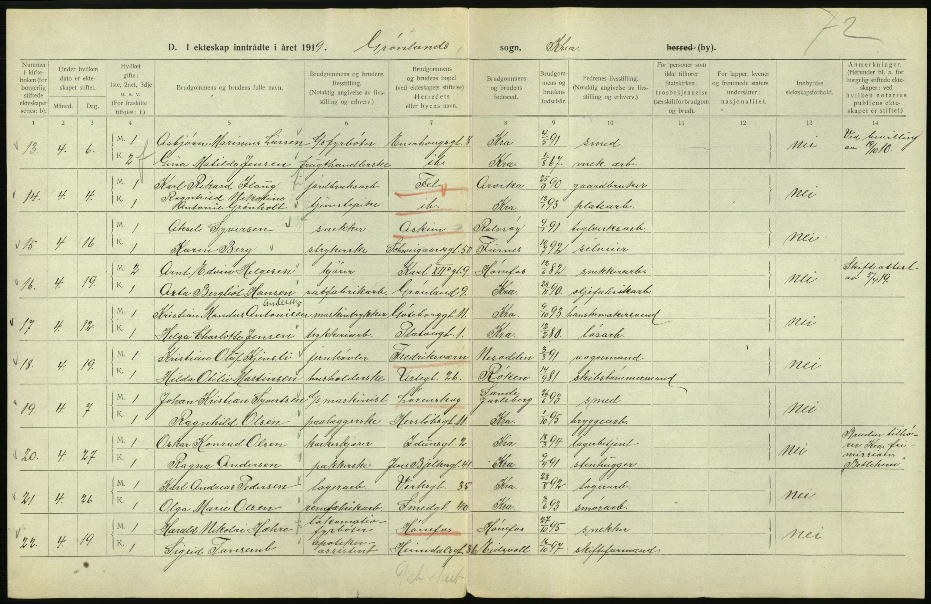 Statistisk sentralbyrå, Sosiodemografiske emner, Befolkning, AV/RA-S-2228/D/Df/Dfb/Dfbi/L0009: Kristiania: Gifte, 1919, p. 682