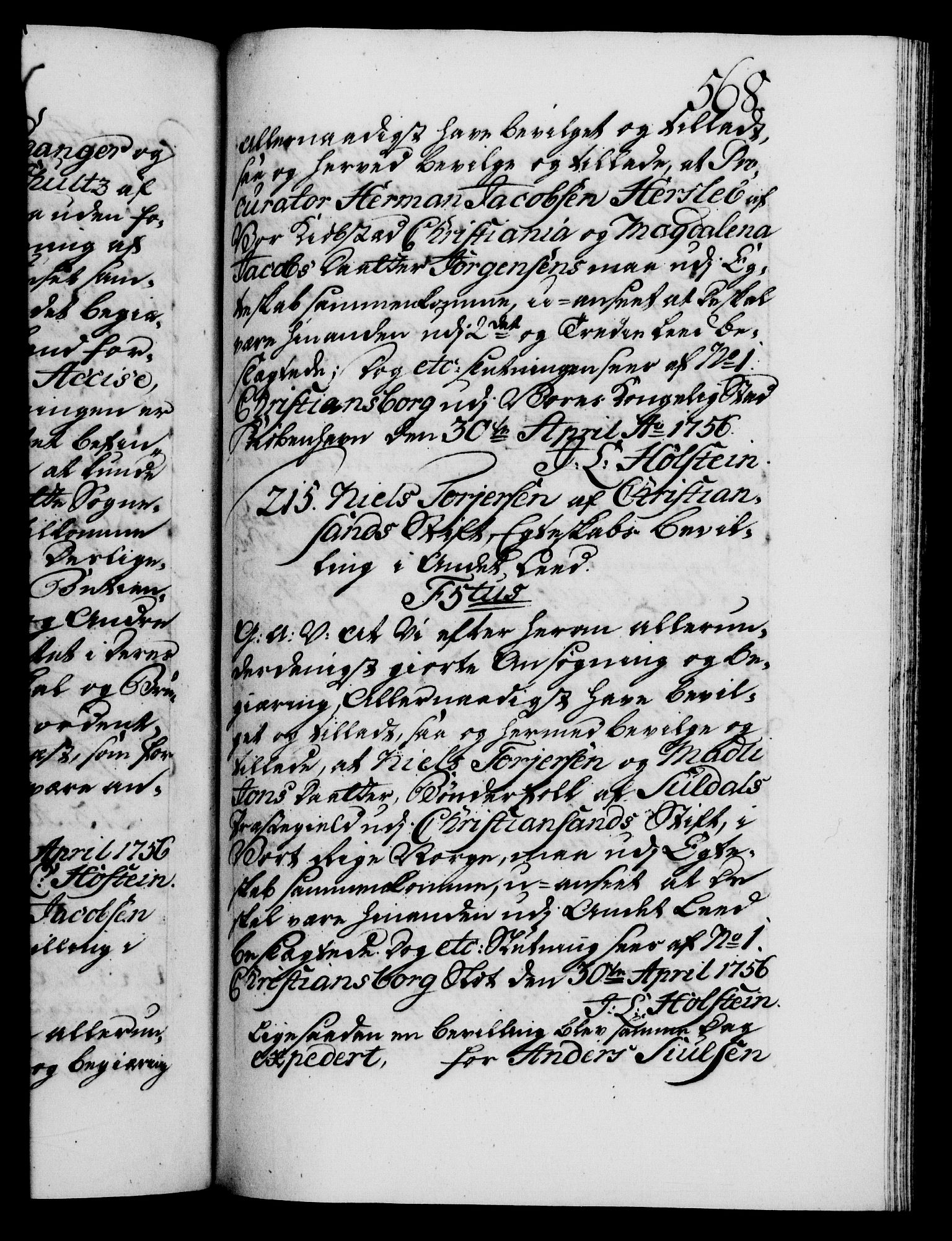 Danske Kanselli 1572-1799, AV/RA-EA-3023/F/Fc/Fca/Fcaa/L0039: Norske registre, 1755-1756, p. 568a