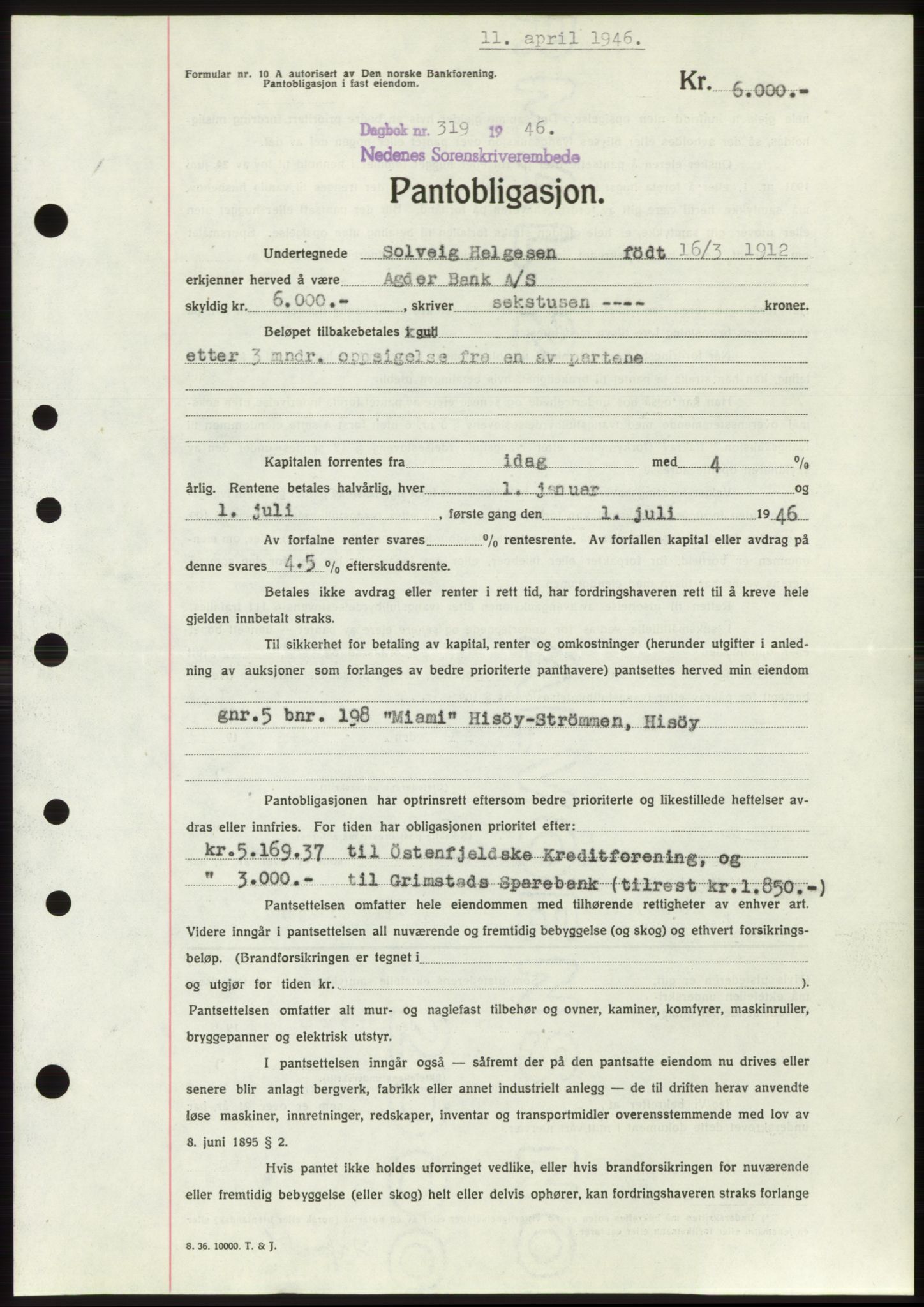 Nedenes sorenskriveri, SAK/1221-0006/G/Gb/Gbb/L0003: Mortgage book no. B3b, 1946-1946, Diary no: : 319/1946