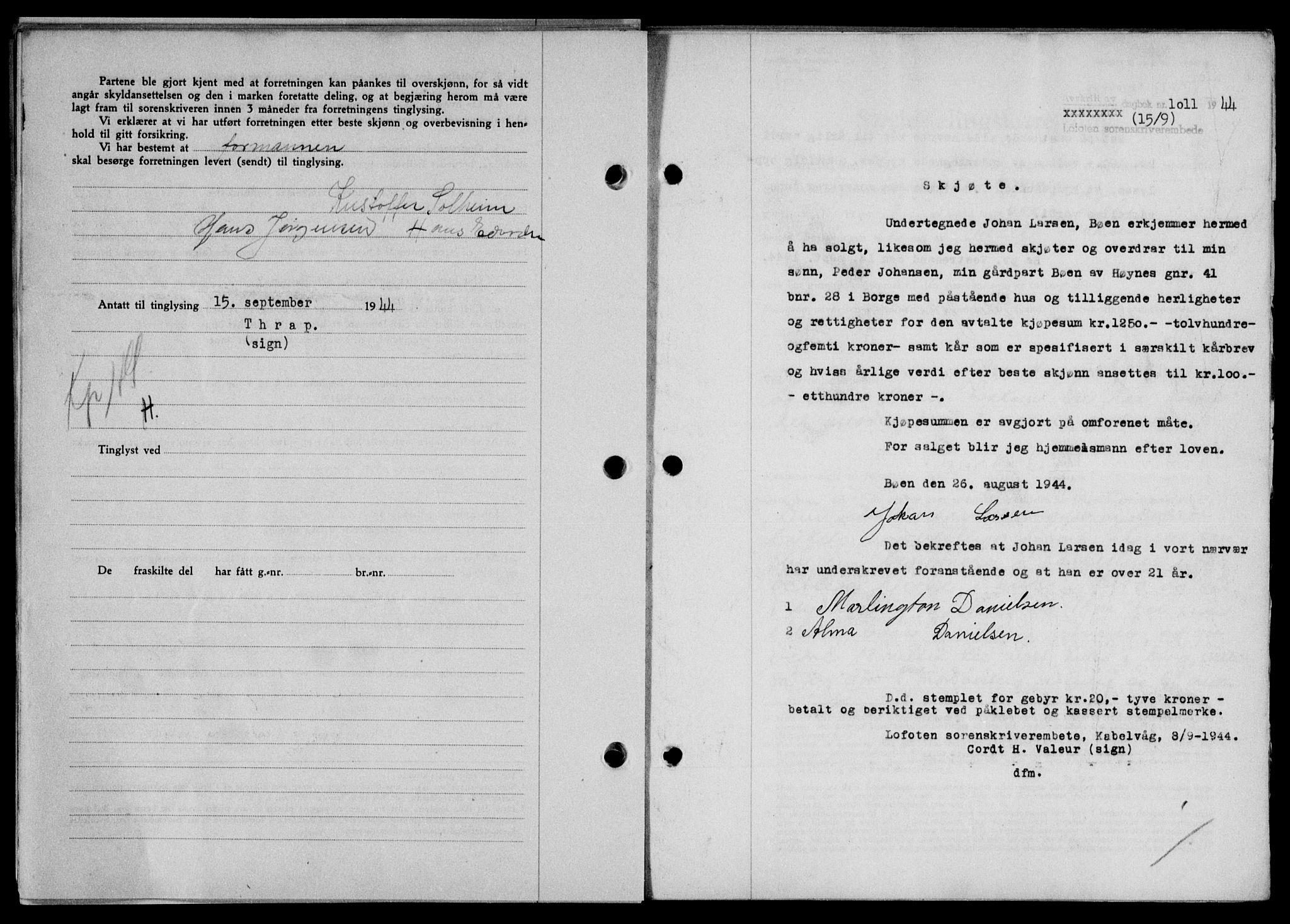 Lofoten sorenskriveri, SAT/A-0017/1/2/2C/L0012a: Mortgage book no. 12a, 1943-1944, Diary no: : 1011/1944