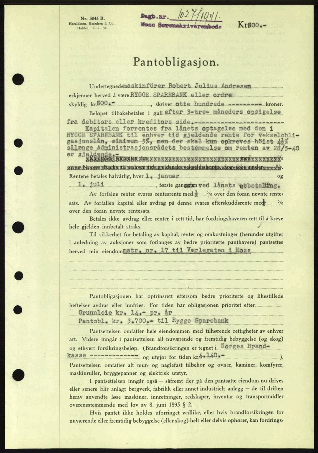 Moss sorenskriveri, SAO/A-10168: Mortgage book no. B10, 1940-1941, Diary no: : 1027/1941