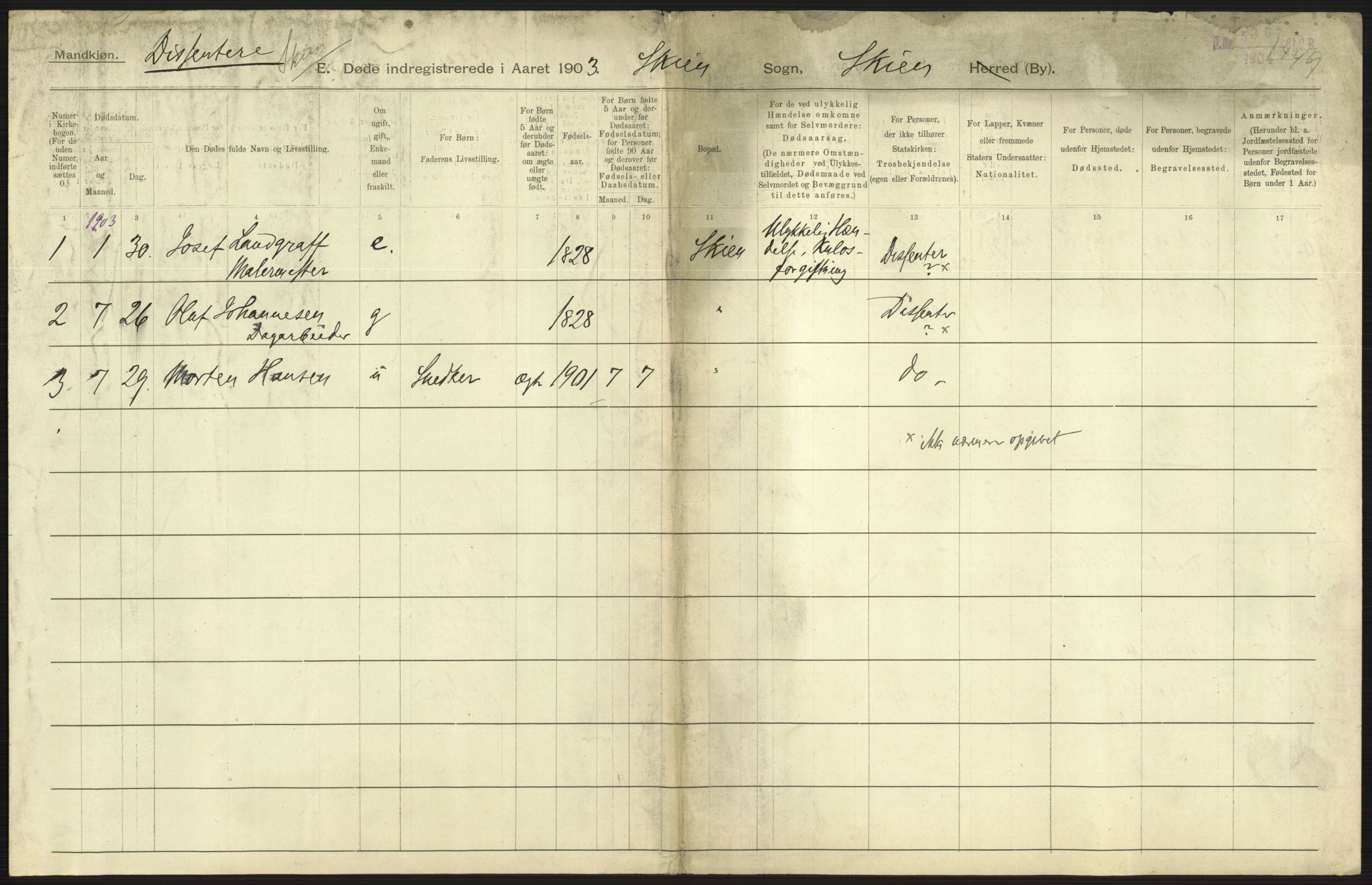 Statistisk sentralbyrå, Sosiodemografiske emner, Befolkning, AV/RA-S-2228/D/Df/Dfa/Dfaa/L0009: Bratsberg amt: Fødte, gifte, døde, 1903, p. 673