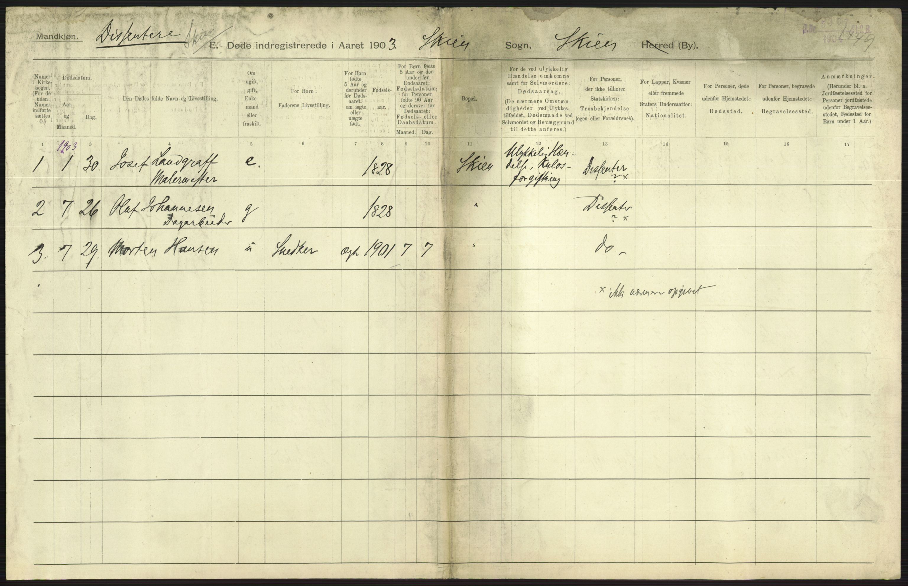 Statistisk sentralbyrå, Sosiodemografiske emner, Befolkning, RA/S-2228/D/Df/Dfa/Dfaa/L0009: Bratsberg amt: Fødte, gifte, døde, 1903, p. 673