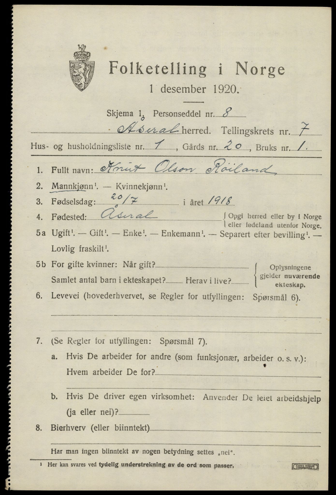 SAK, 1920 census for Åseral, 1920, p. 2060