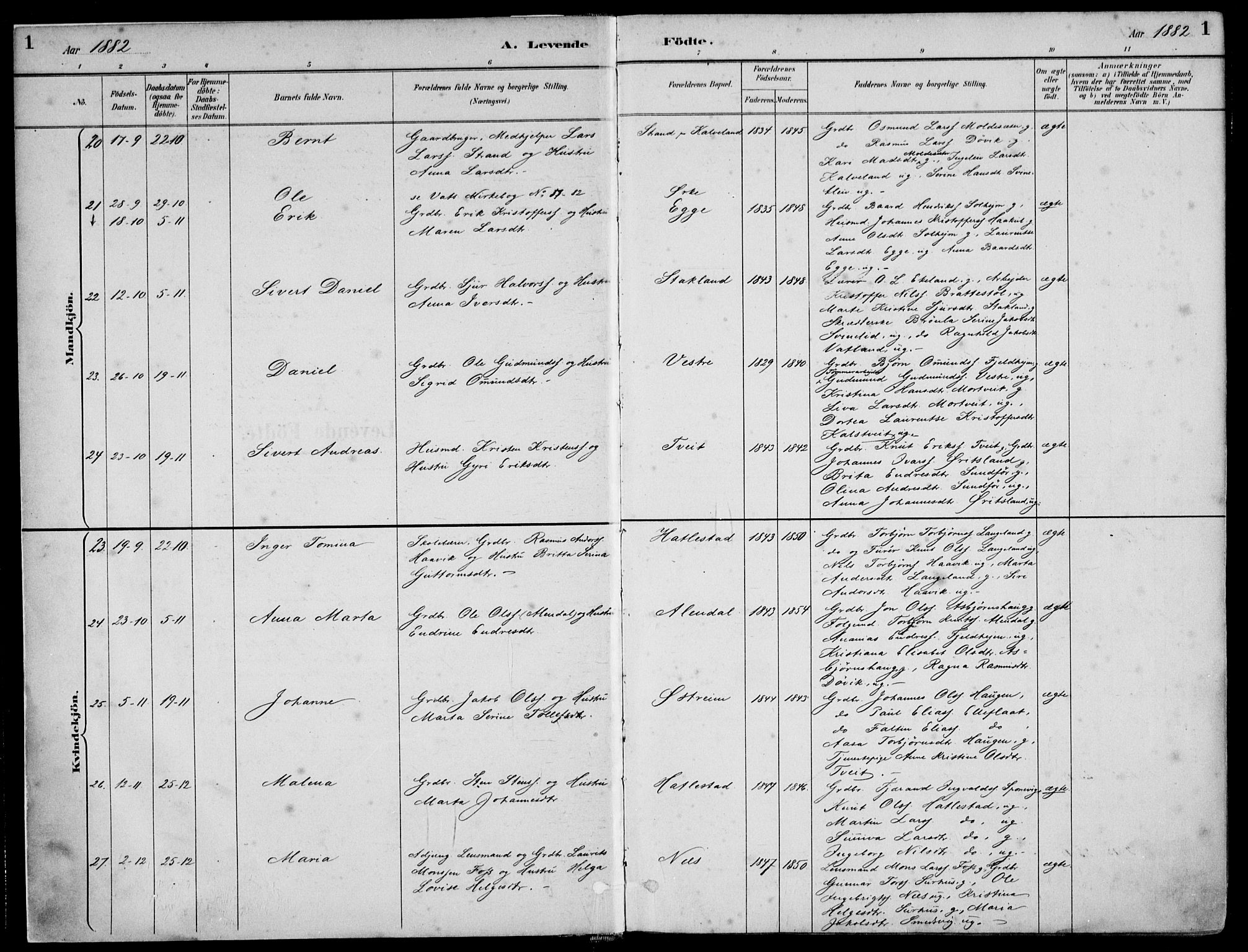 Skjold sokneprestkontor, SAST/A-101847/H/Ha/Haa/L0010: Parish register (official) no. A 10, 1882-1897, p. 1