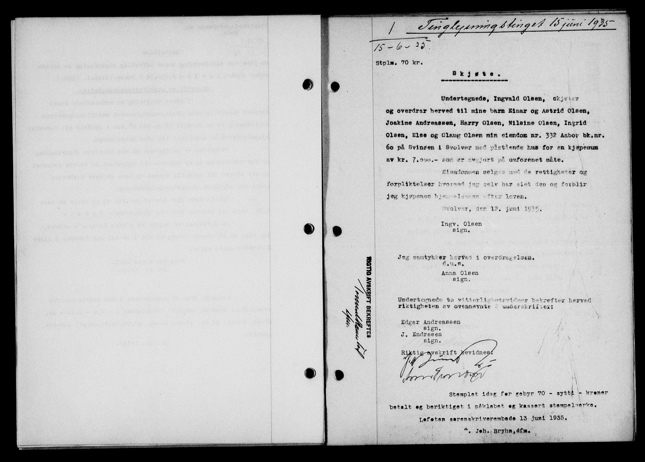 Lofoten sorenskriveri, SAT/A-0017/1/2/2C/L0031b: Mortgage book no. 31b, 1935-1935, Deed date: 15.06.1935