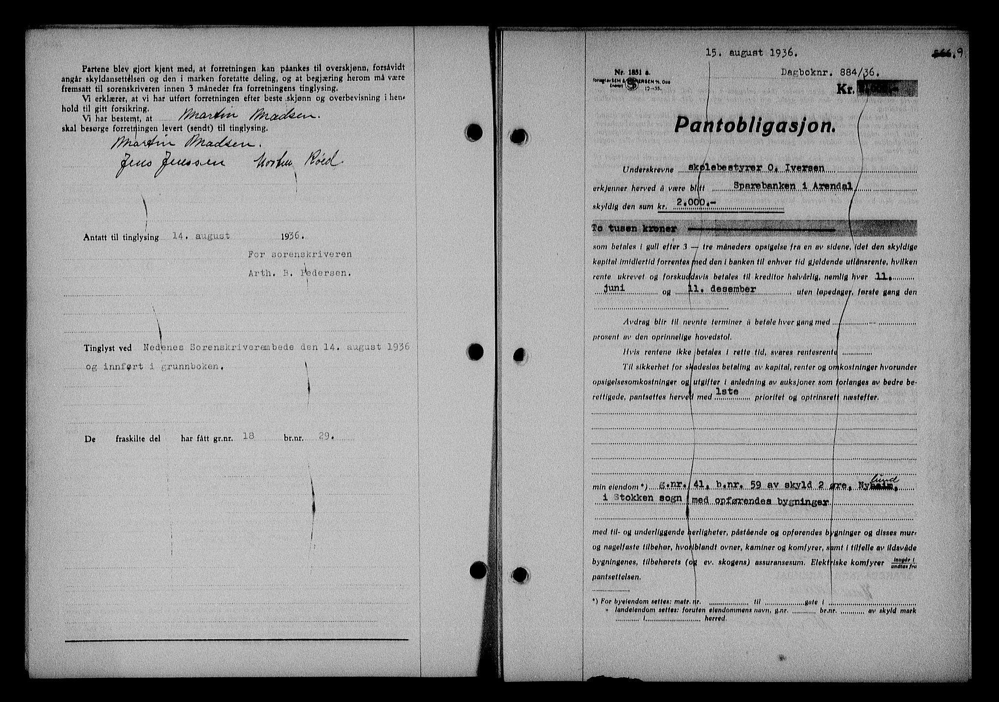 Nedenes sorenskriveri, SAK/1221-0006/G/Gb/Gba/L0043: Mortgage book no. 39, 1936-1937, Diary no: : 884/1936