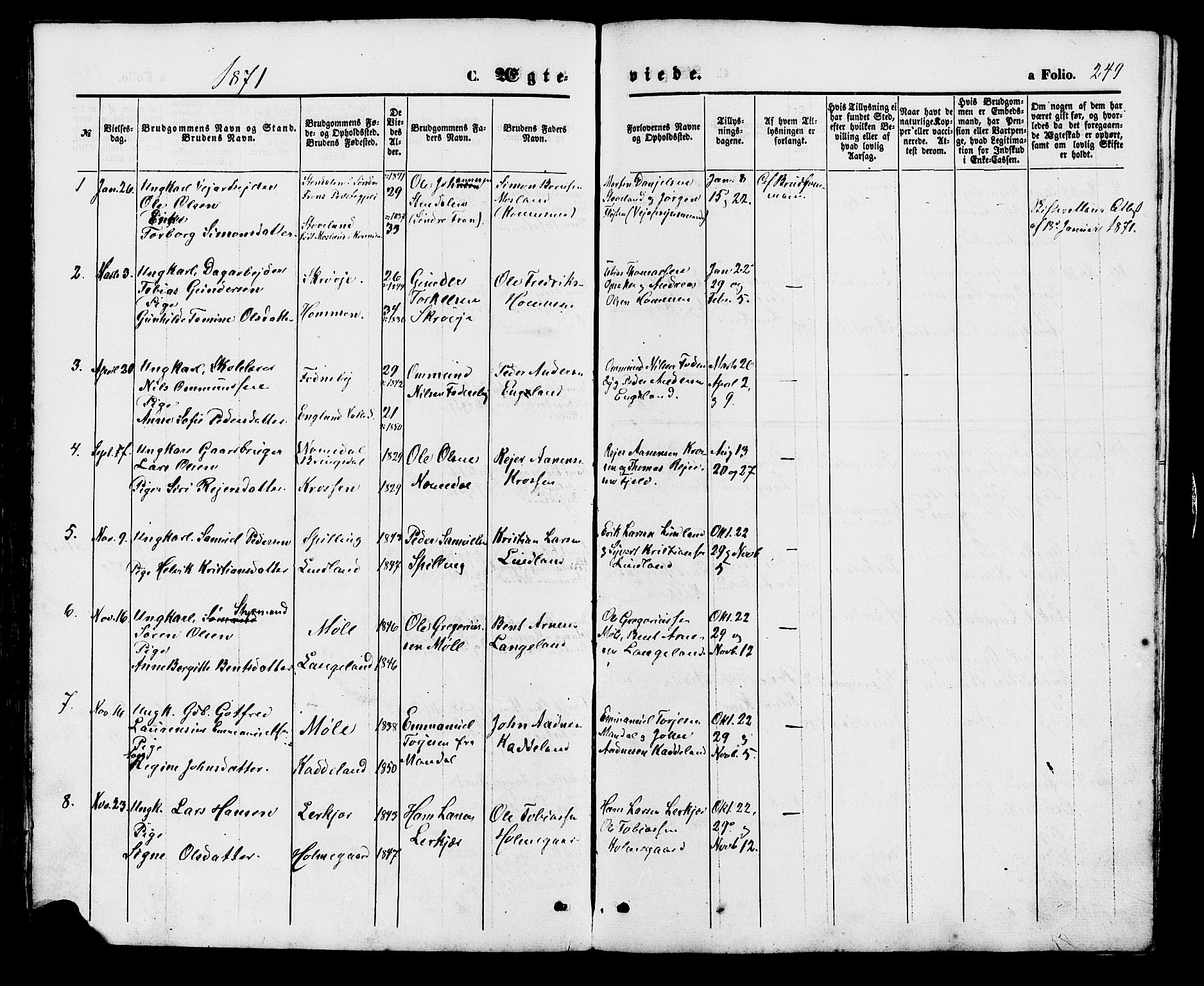 Holum sokneprestkontor, AV/SAK-1111-0022/F/Fb/Fba/L0004: Parish register (copy) no. B 4, 1867-1890, p. 249