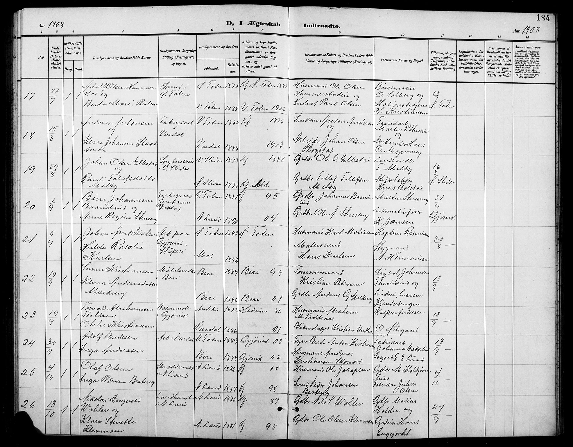 Vardal prestekontor, SAH/PREST-100/H/Ha/Hab/L0012: Parish register (copy) no. 12, 1902-1911, p. 184