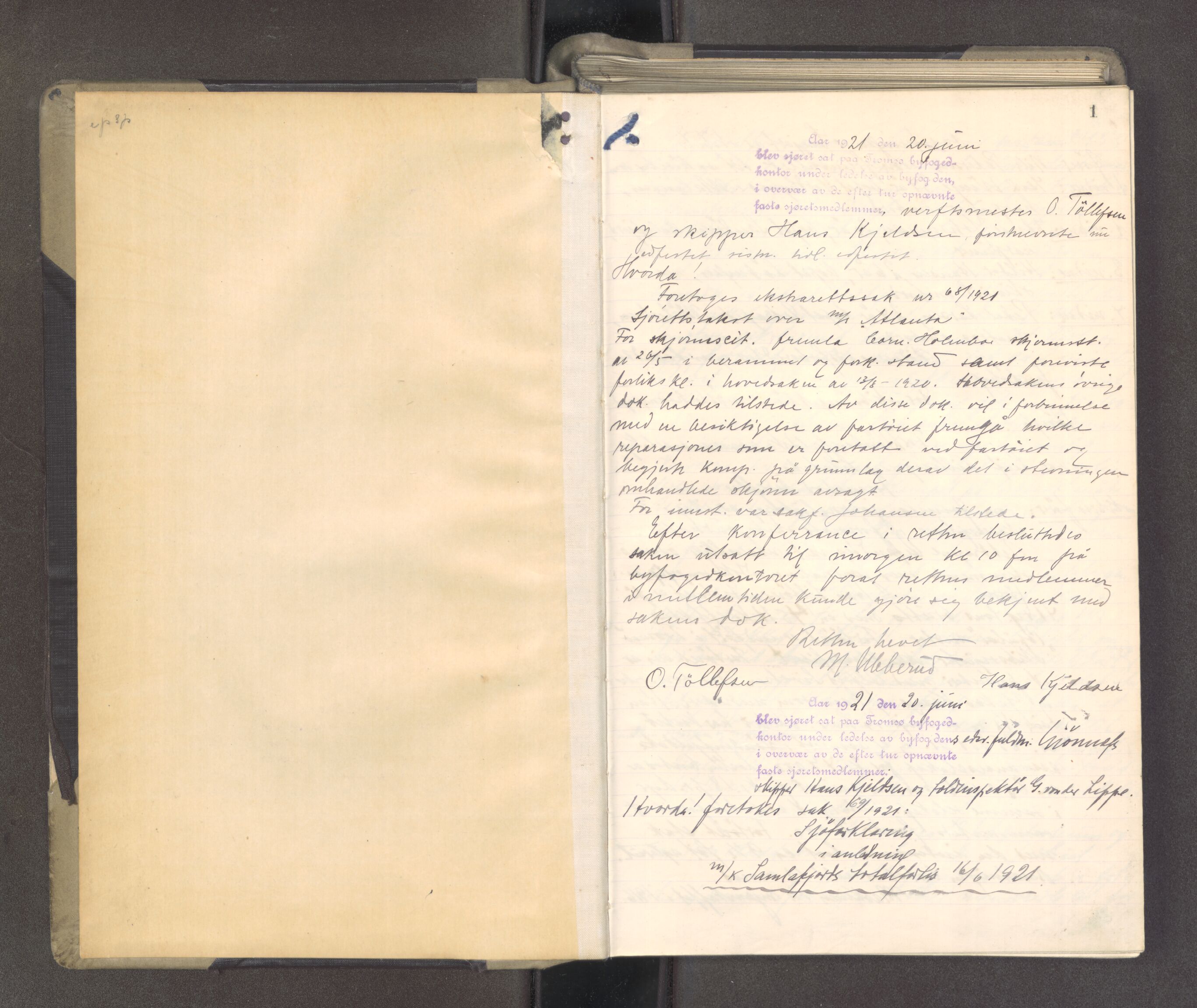 Tromsø byfogd/byrett, AV/SATØ-SATØ-0063/1/F/Fd/L0093: Sjørettsprotokoll, 1921-1923, p. 1
