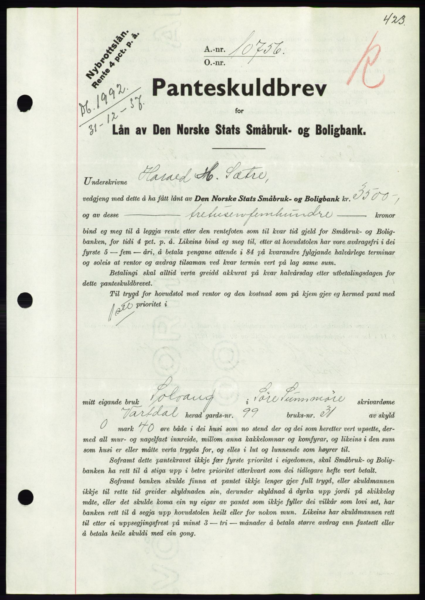 Søre Sunnmøre sorenskriveri, AV/SAT-A-4122/1/2/2C/L0064: Mortgage book no. 58, 1937-1938, Diary no: : 1992/1937