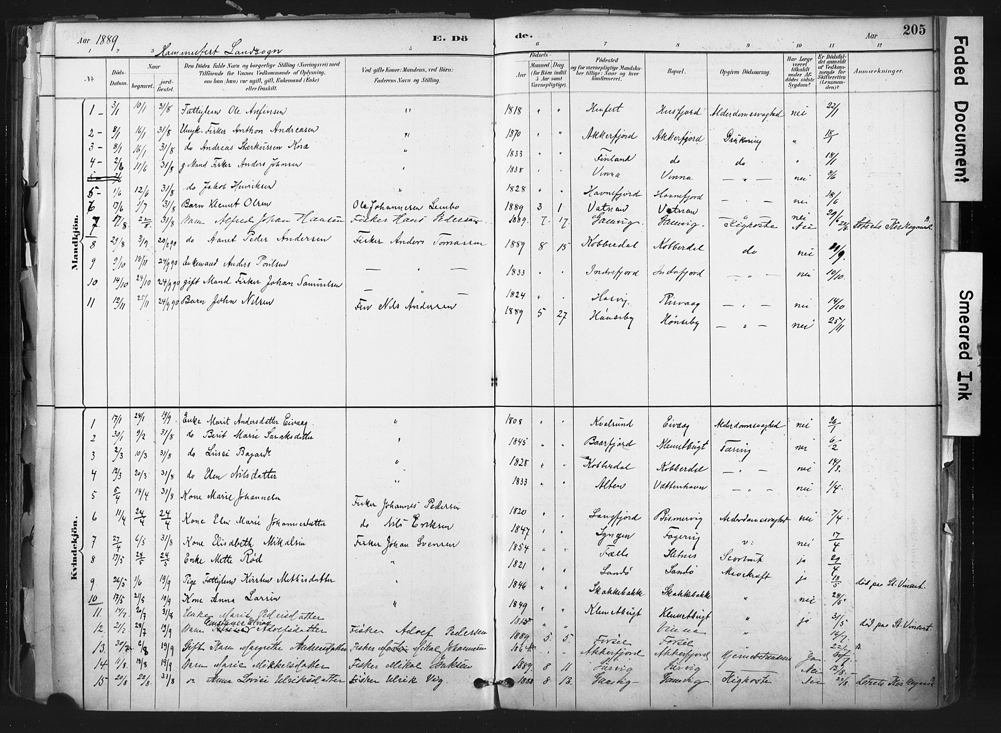 Hammerfest sokneprestkontor, AV/SATØ-S-1347/H/Ha/L0011.kirke: Parish register (official) no. 11 /1, 1885-1897, p. 205