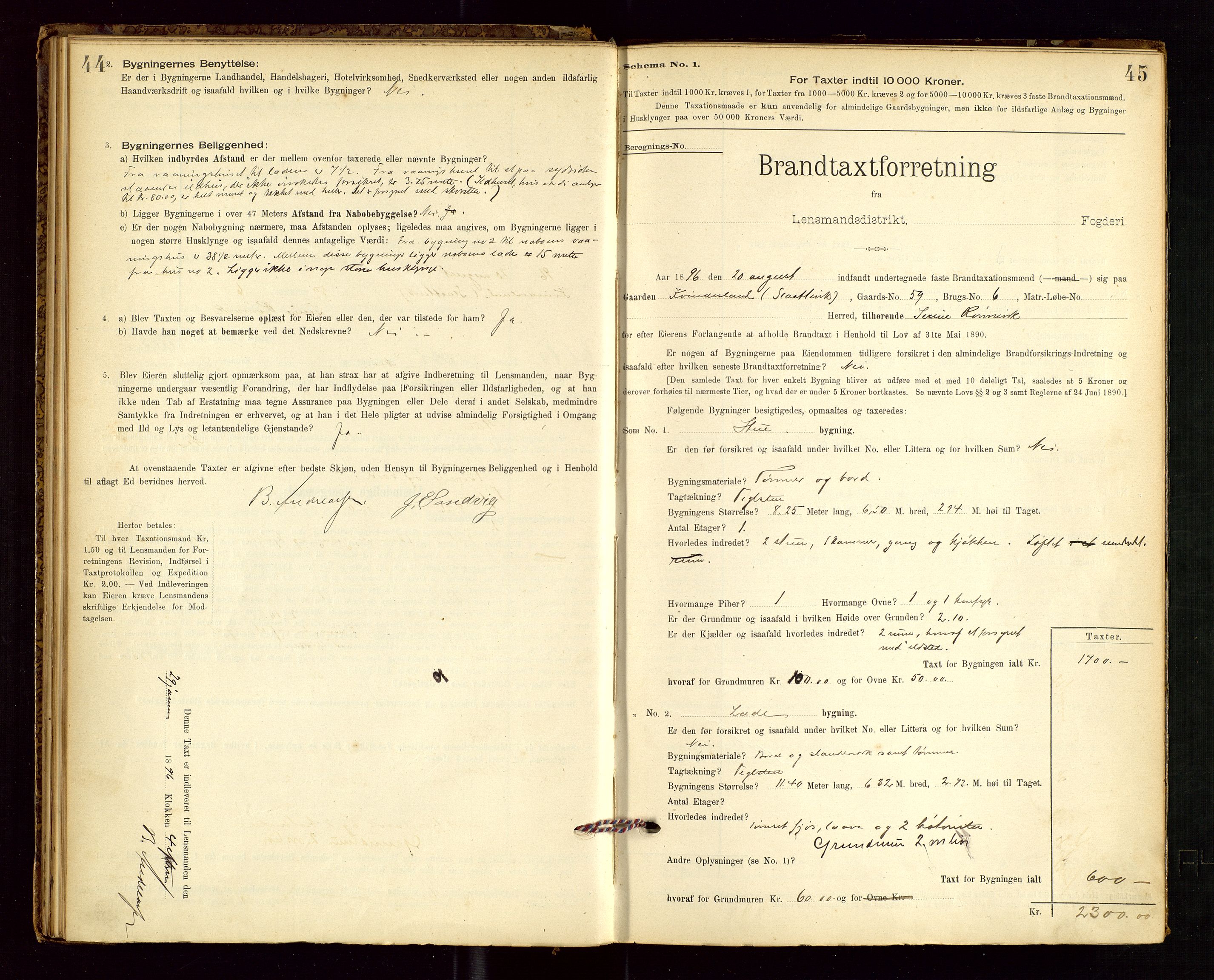 Tysvær lensmannskontor, AV/SAST-A-100192/Gob/L0001: "Brandtaxationsprotokol for Tysvær Lensmandsdistrikt Ryfylke Fogderi", 1894-1916, p. 44-45