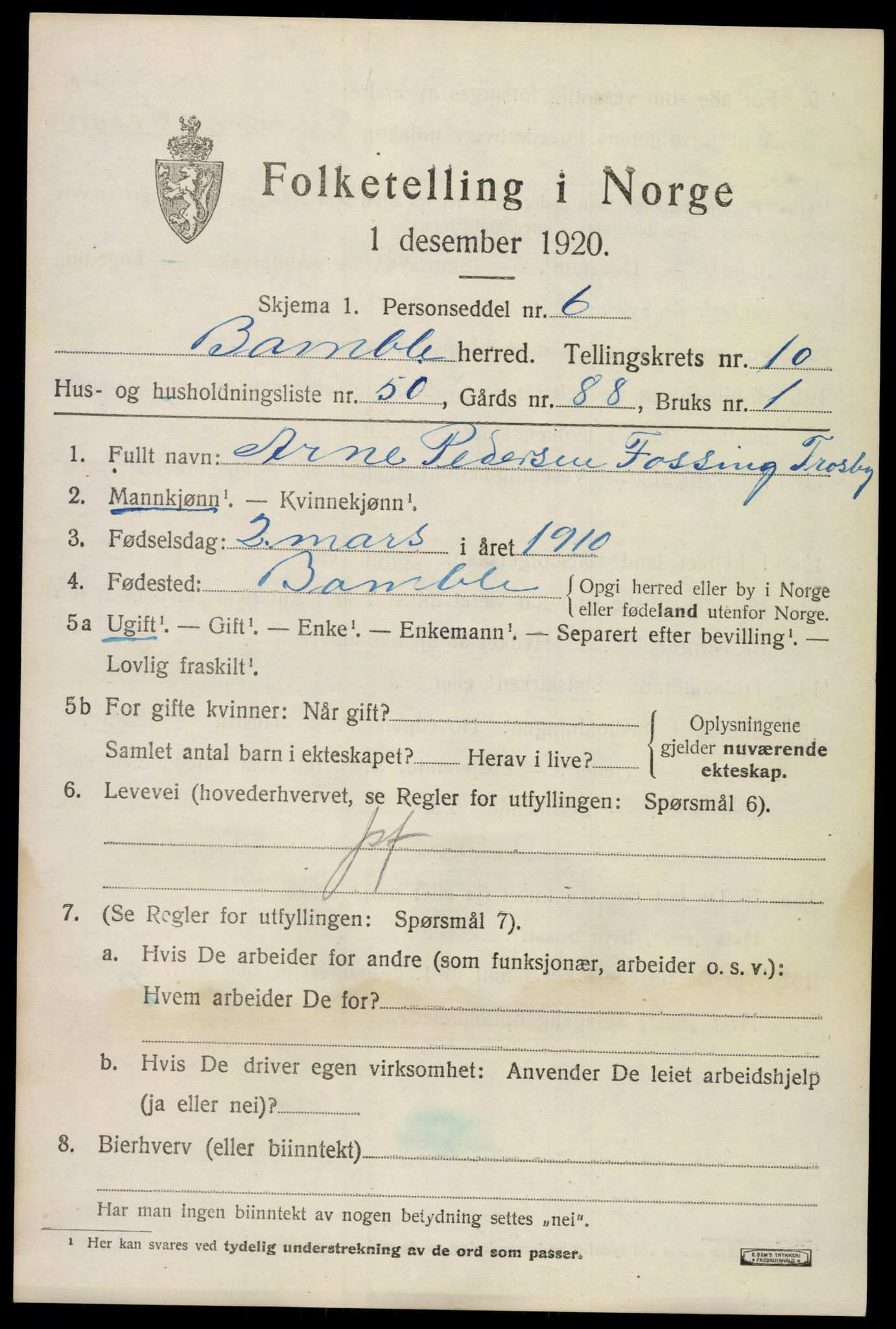 SAKO, 1920 census for Bamble, 1920, p. 8793