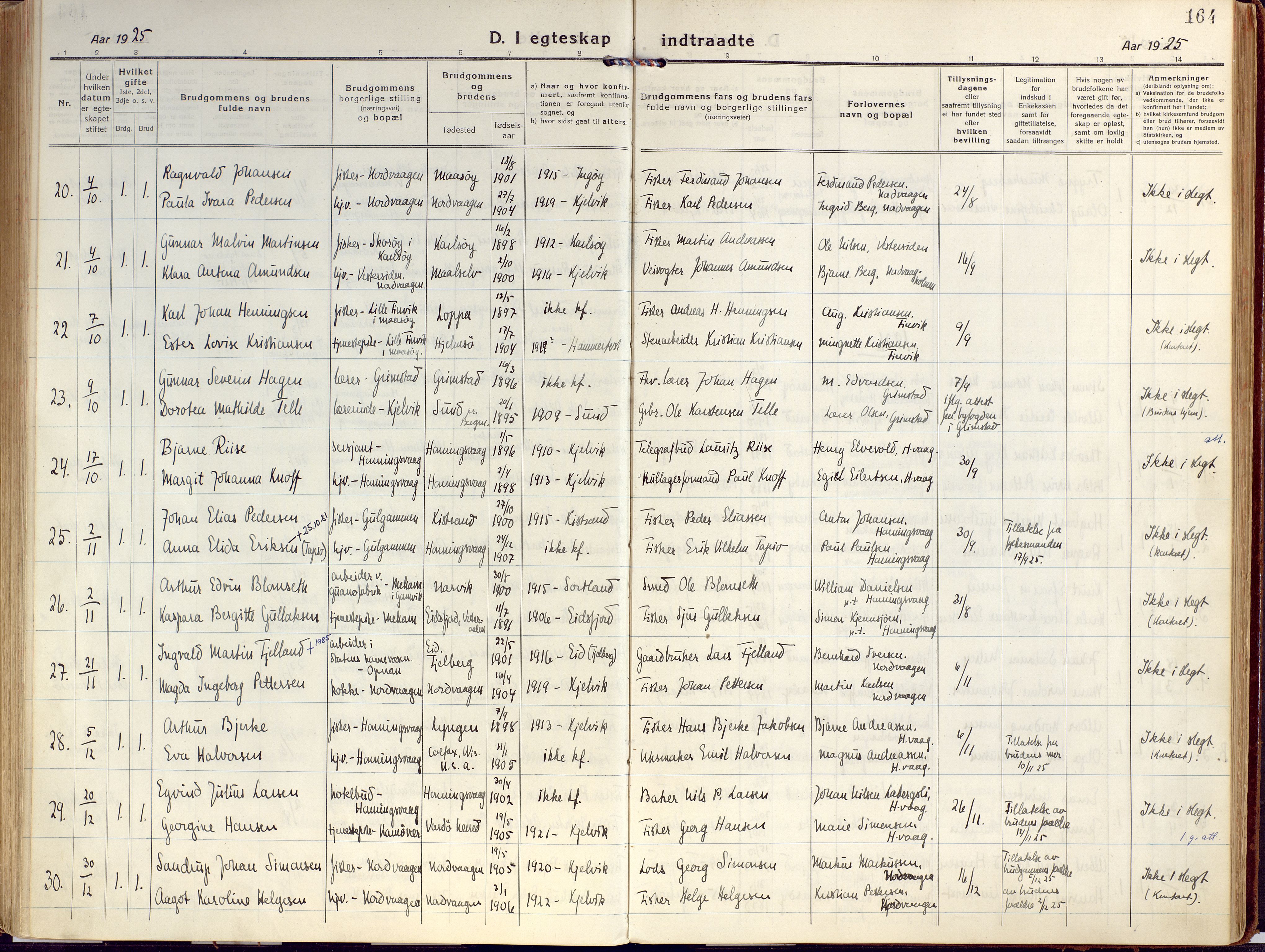 Kjelvik/Nordkapp sokneprestkontor, SATØ/S-1350/H/Ha/L0002kirke: Parish register (official) no. 2, 1920-1929, p. 164