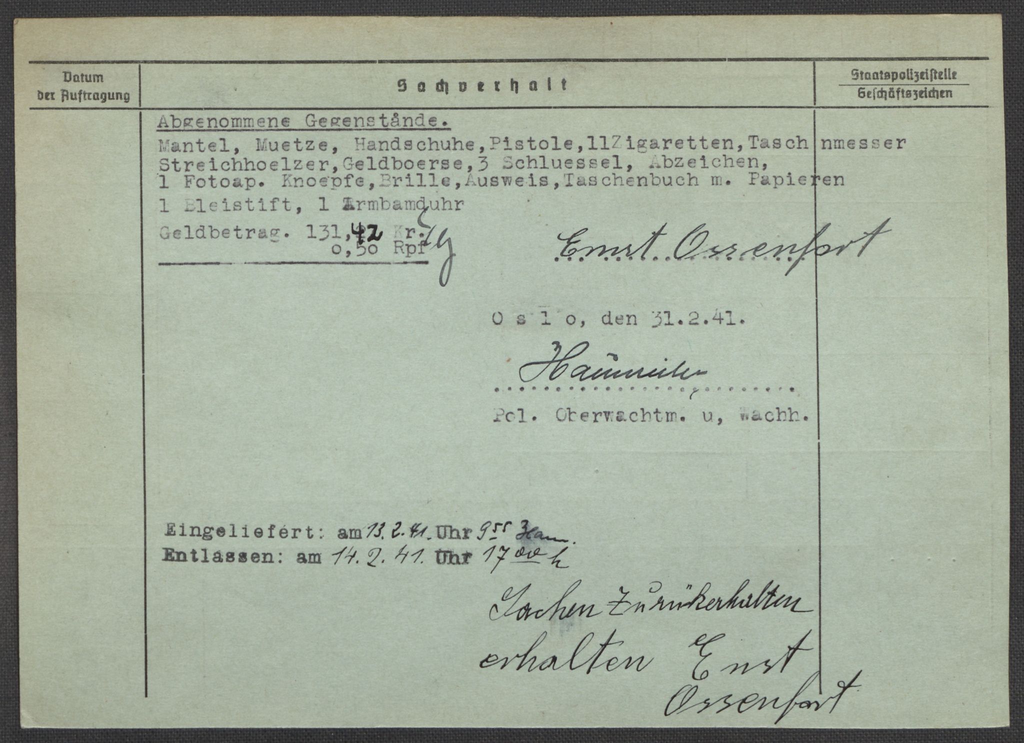 Befehlshaber der Sicherheitspolizei und des SD, RA/RAFA-5969/E/Ea/Eaa/L0008: Register over norske fanger i Møllergata 19: Oelze-Ru, 1940-1945, p. 493