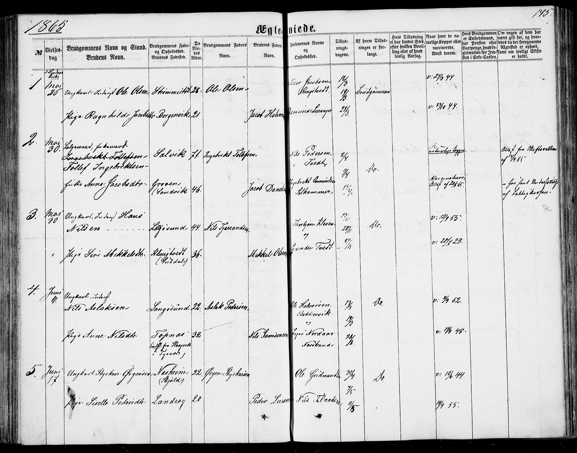 Nedstrand sokneprestkontor, AV/SAST-A-101841/01/IV: Parish register (official) no. A 9, 1861-1876, p. 145