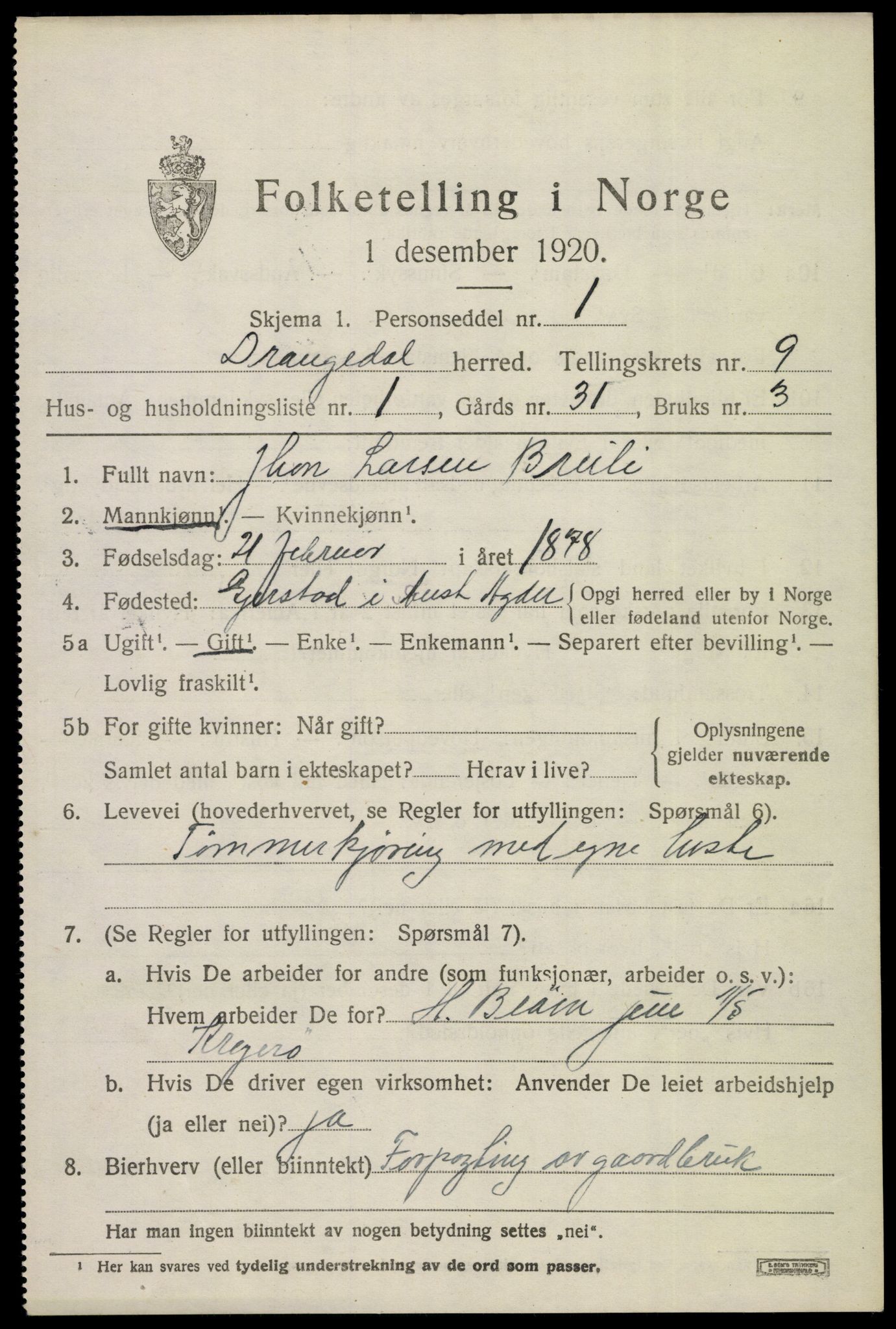 SAKO, 1920 census for Drangedal, 1920, p. 6041