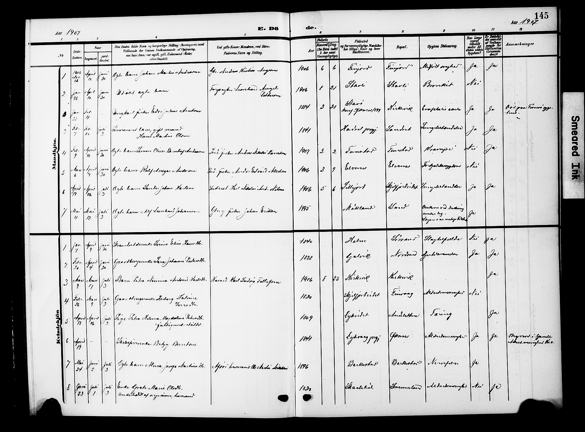 Ministerialprotokoller, klokkerbøker og fødselsregistre - Nordland, AV/SAT-A-1459/893/L1350: Parish register (copy) no. 893C05, 1906-1927, p. 145