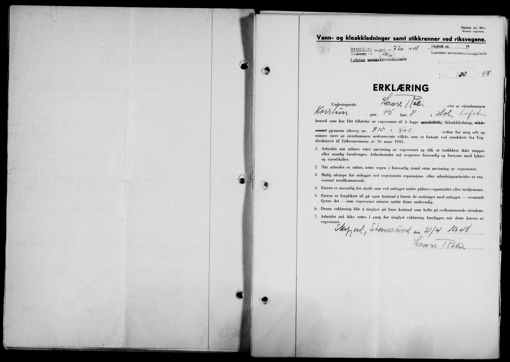 Lofoten sorenskriveri, SAT/A-0017/1/2/2C/L0018a: Mortgage book no. 18a, 1948-1948, Diary no: : 770/1948