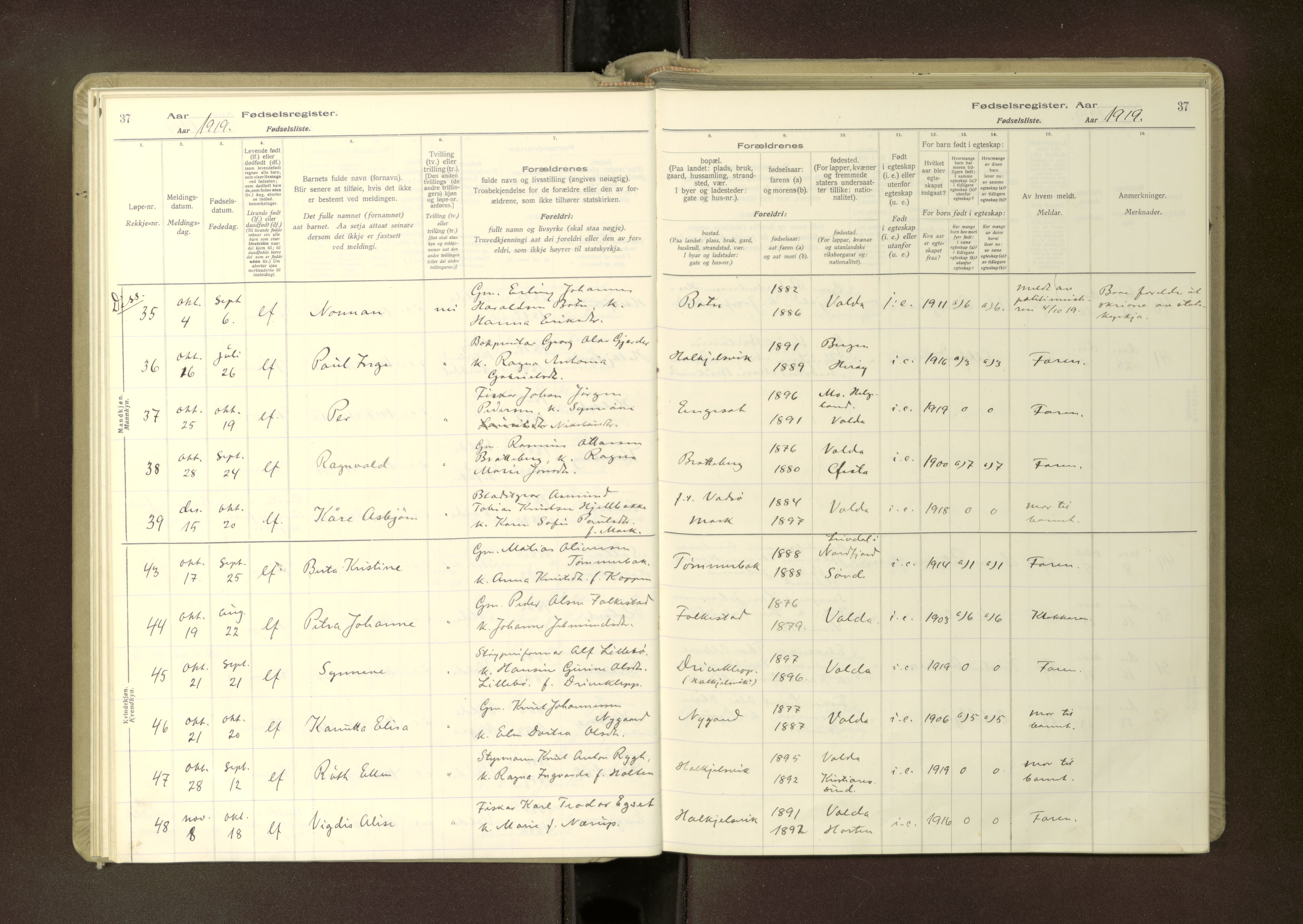 Ministerialprotokoller, klokkerbøker og fødselsregistre - Møre og Romsdal, AV/SAT-A-1454/511/L0165: Birth register no. 511---, 1916-1937, p. 37