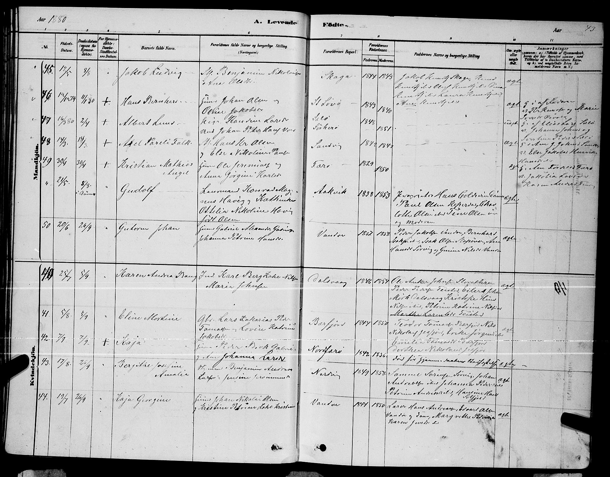 Ministerialprotokoller, klokkerbøker og fødselsregistre - Nordland, AV/SAT-A-1459/834/L0513: Parish register (copy) no. 834C04, 1877-1892, p. 43